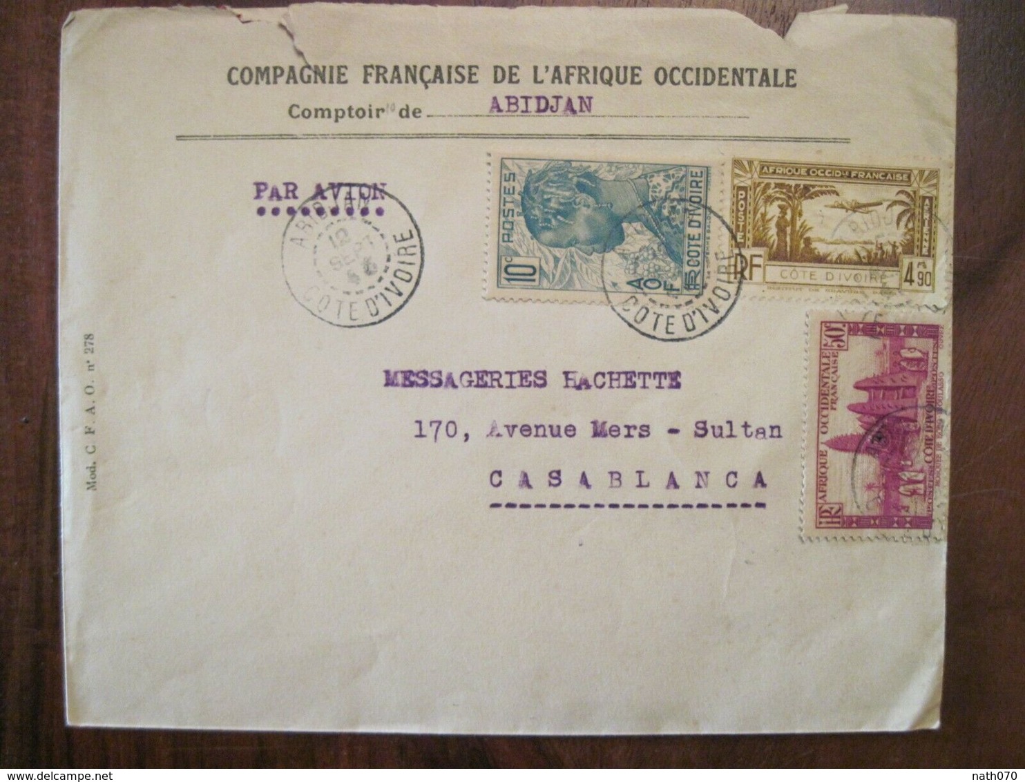 Cote D'Ivoire 1946 France Maroc Casablanca Lettre Enveloppe Cover Air Mail Par Avion PA Colonie AOF - Lettres & Documents