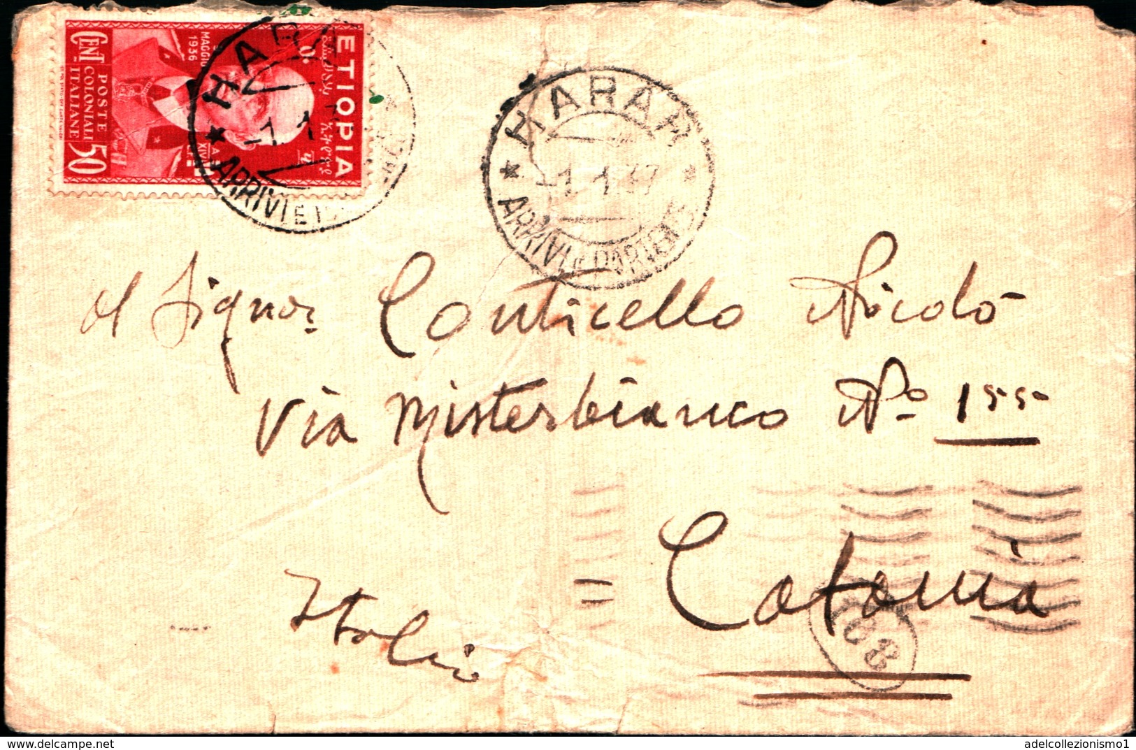 92904) ITALIA -ETIOPIA LETTERA  CON 50C.  DA HARAR A CATANIA IL 1-1-1937 - Ethiopia