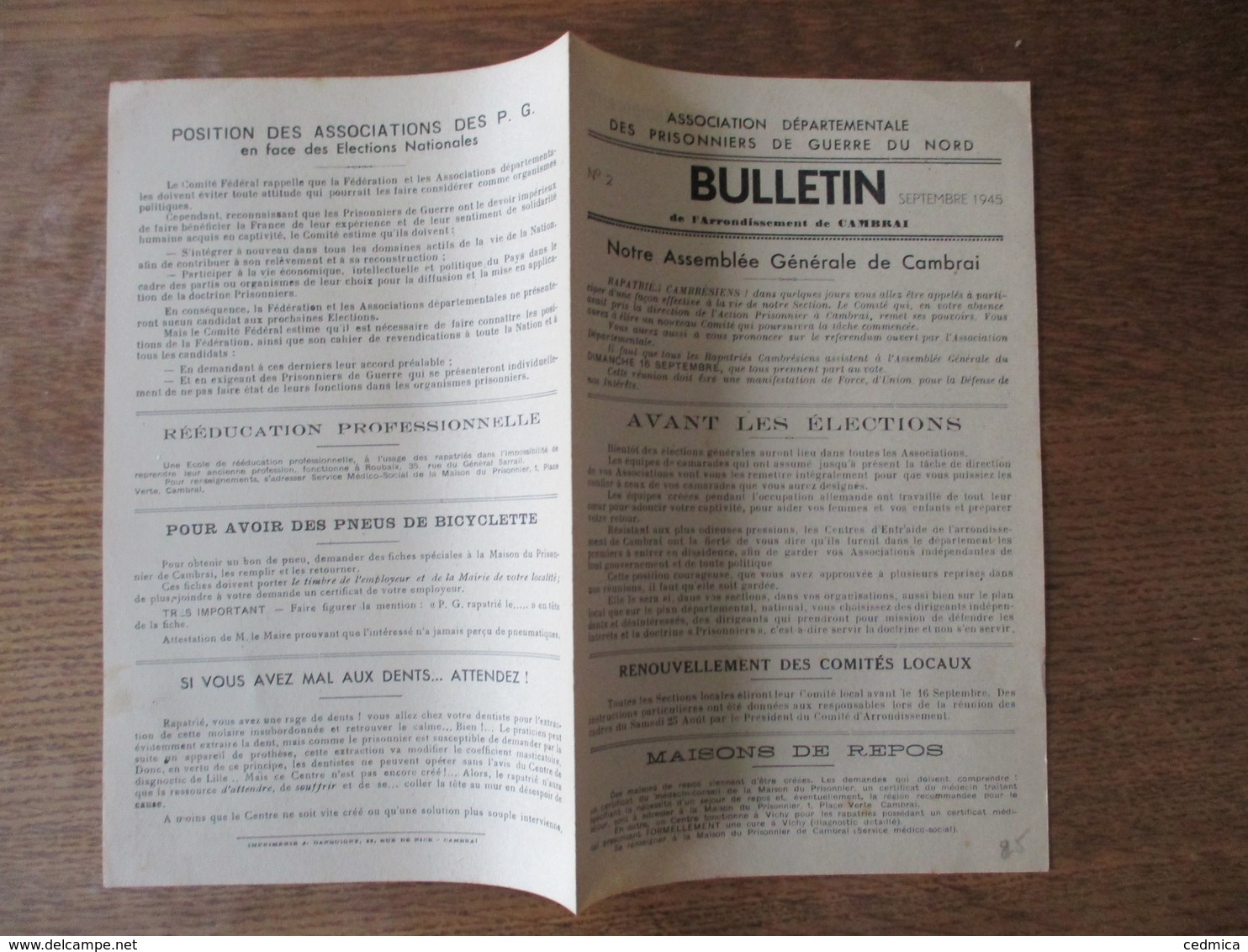 ASSOCIATION DEPARTEMENTALE DES PRISONNIERS DE GUERRE DU NORD BULLETIN DE L'ARRONDISSEMENT DE CAMBRAI SEPTEMBRE 1945 - Historische Dokumente