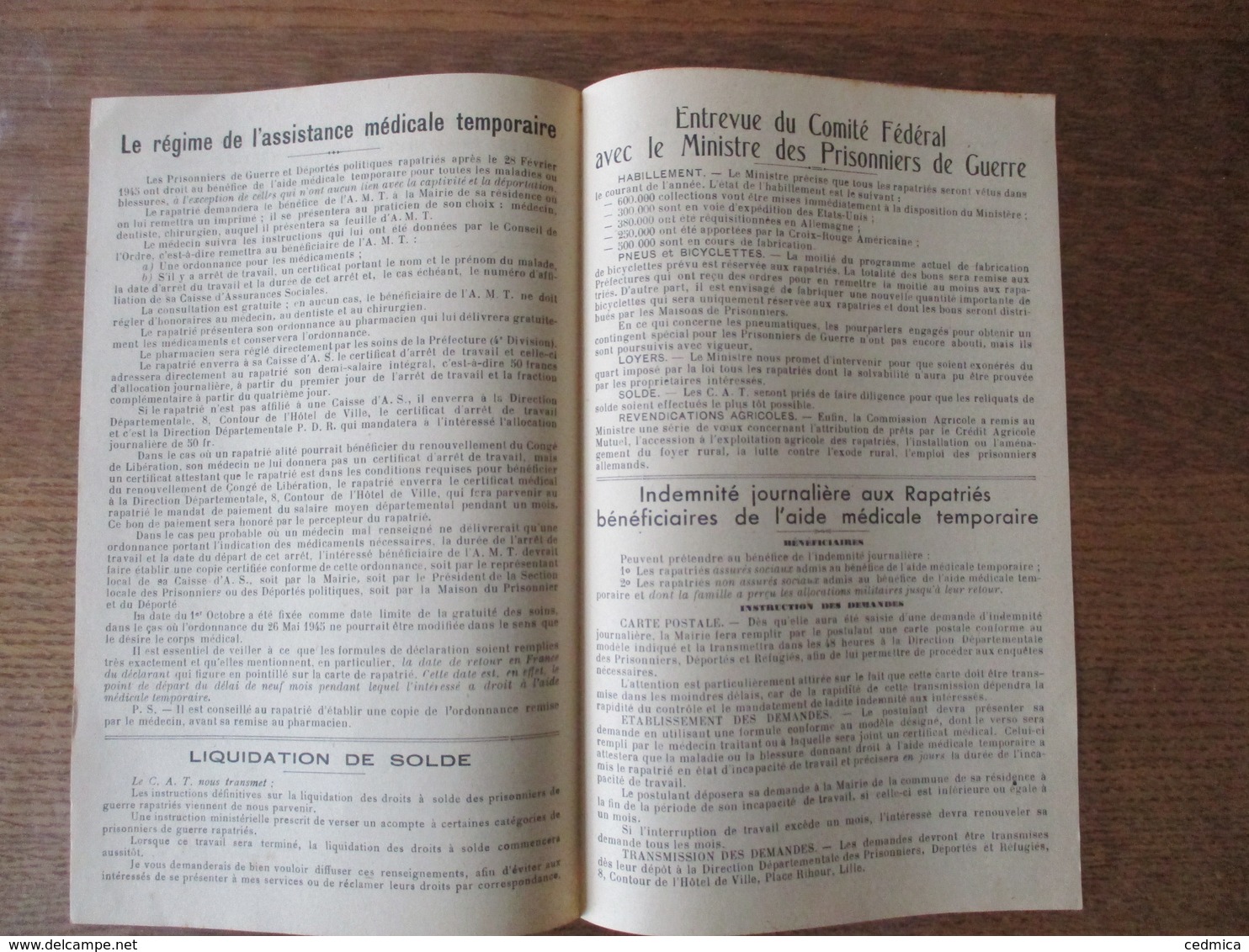 ASSOCIATION DEPARTEMENTALE DES PRISONNIERS DE GUERRE DU NORD BULLETIN DE L'ARRONDISSEMENT DE CAMBRAI SEPTEMBRE 1945 - Documents Historiques