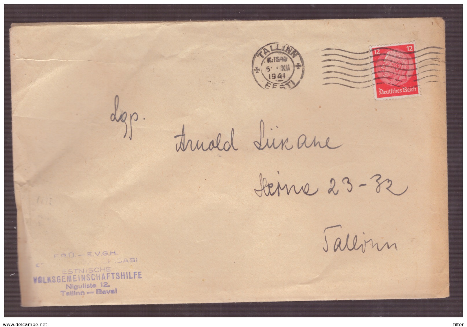 E.R.Ü.-E.V.G.H. Cover With 12pfg Hindenburg,Talinn 1941,Estonia,Estland - Estonie