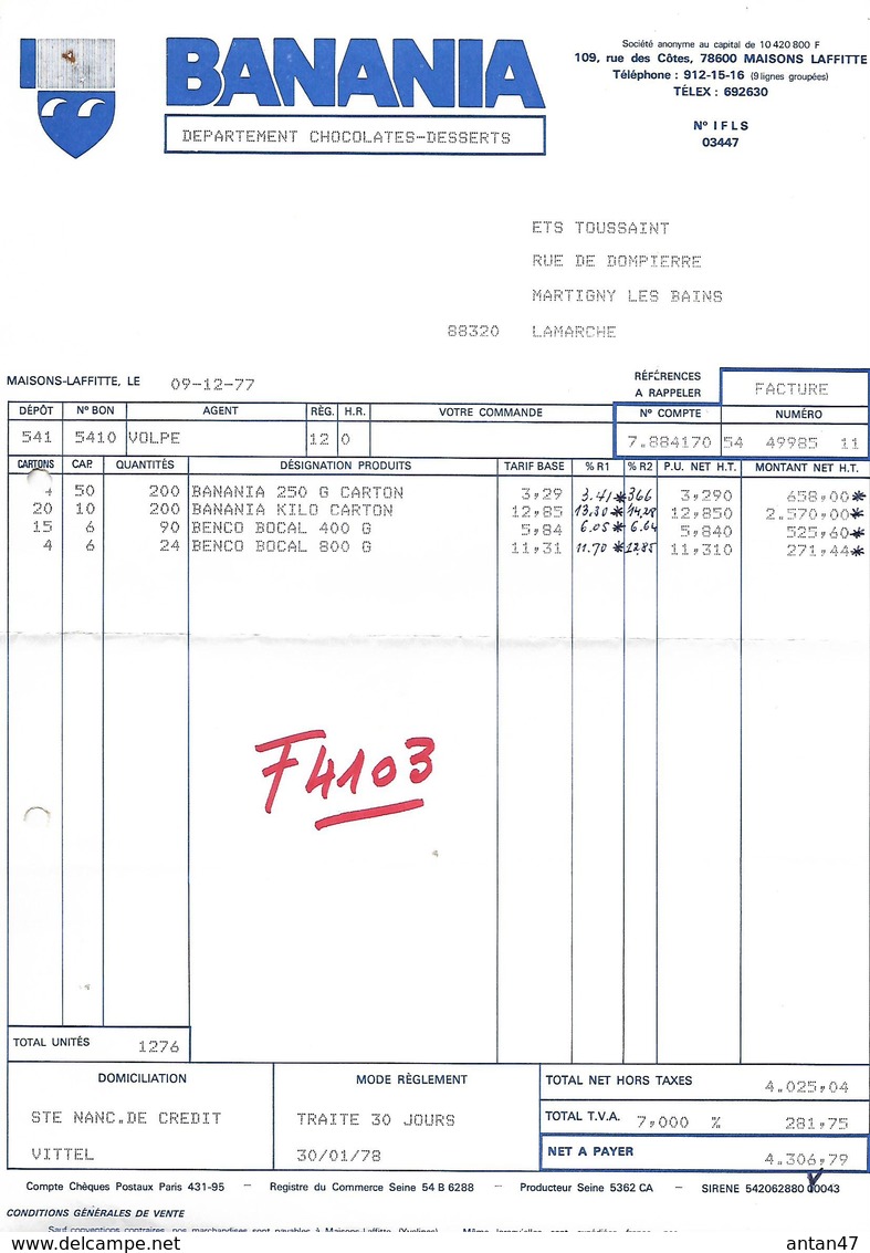 2 Factures 1977 + 4 Pub + 1 Carte CHOCOLAT BANANIA / 78 MAISONS LAFFITTE - Alimentaire