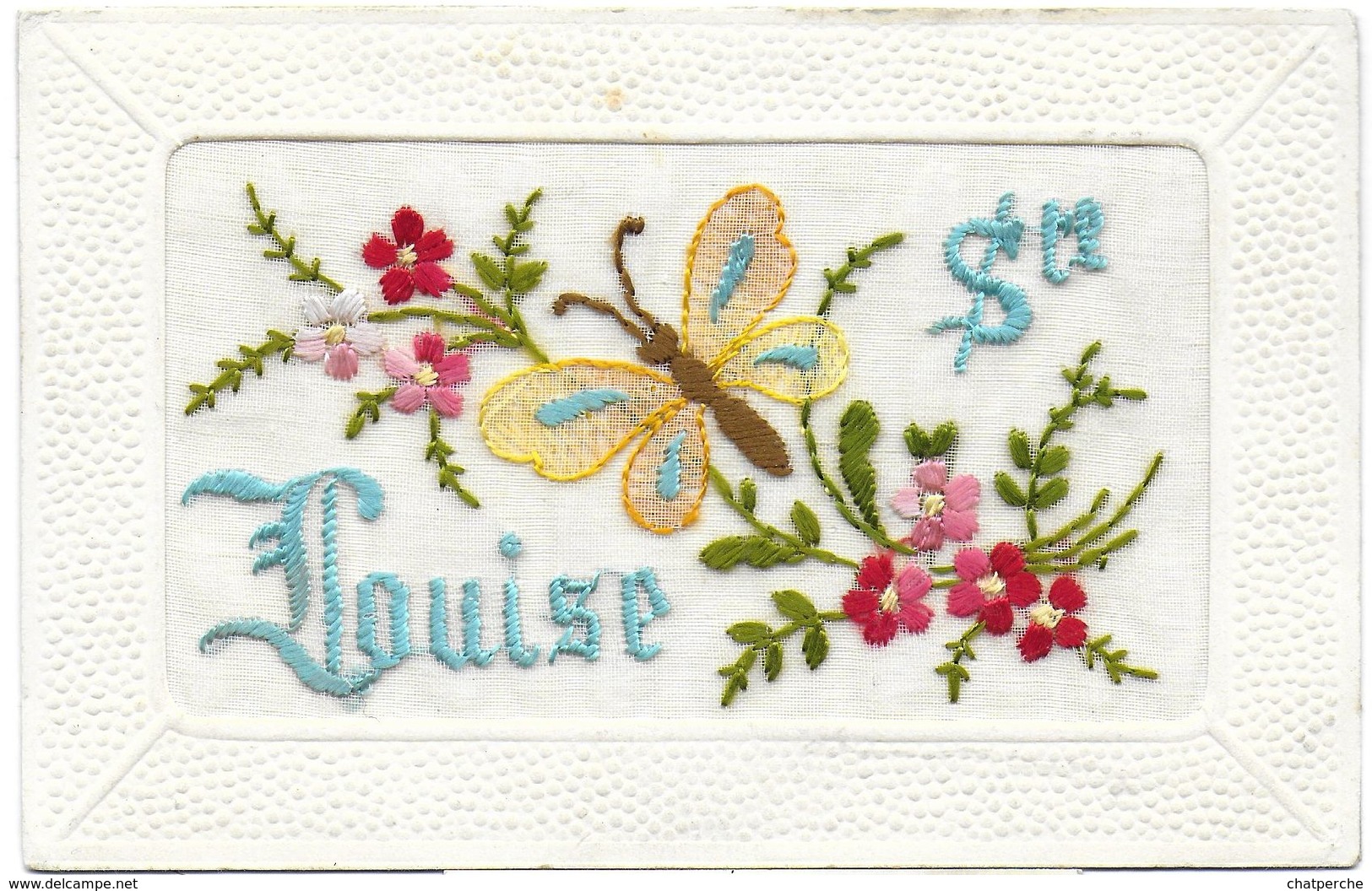 CARTE POSTALE FANTAISIE BRODÉE PRÉNOM  SAINTE LOUISE PAPILLON FLEURS - Brodées