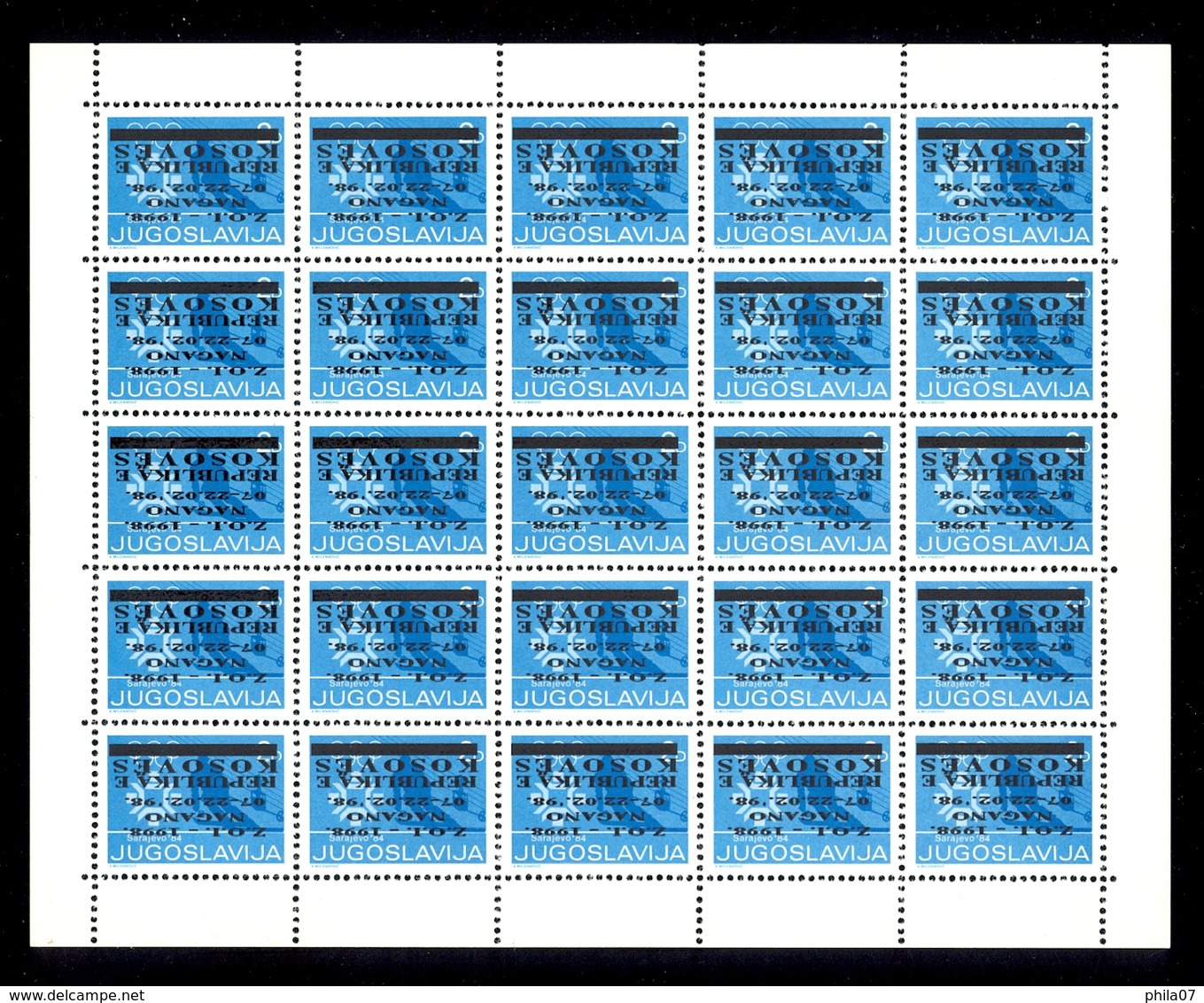 Olympiad Nagano 1998 - Kosovo Private Inverted Overprint. Complete Sheet, MNH. - Winter 1998: Nagano