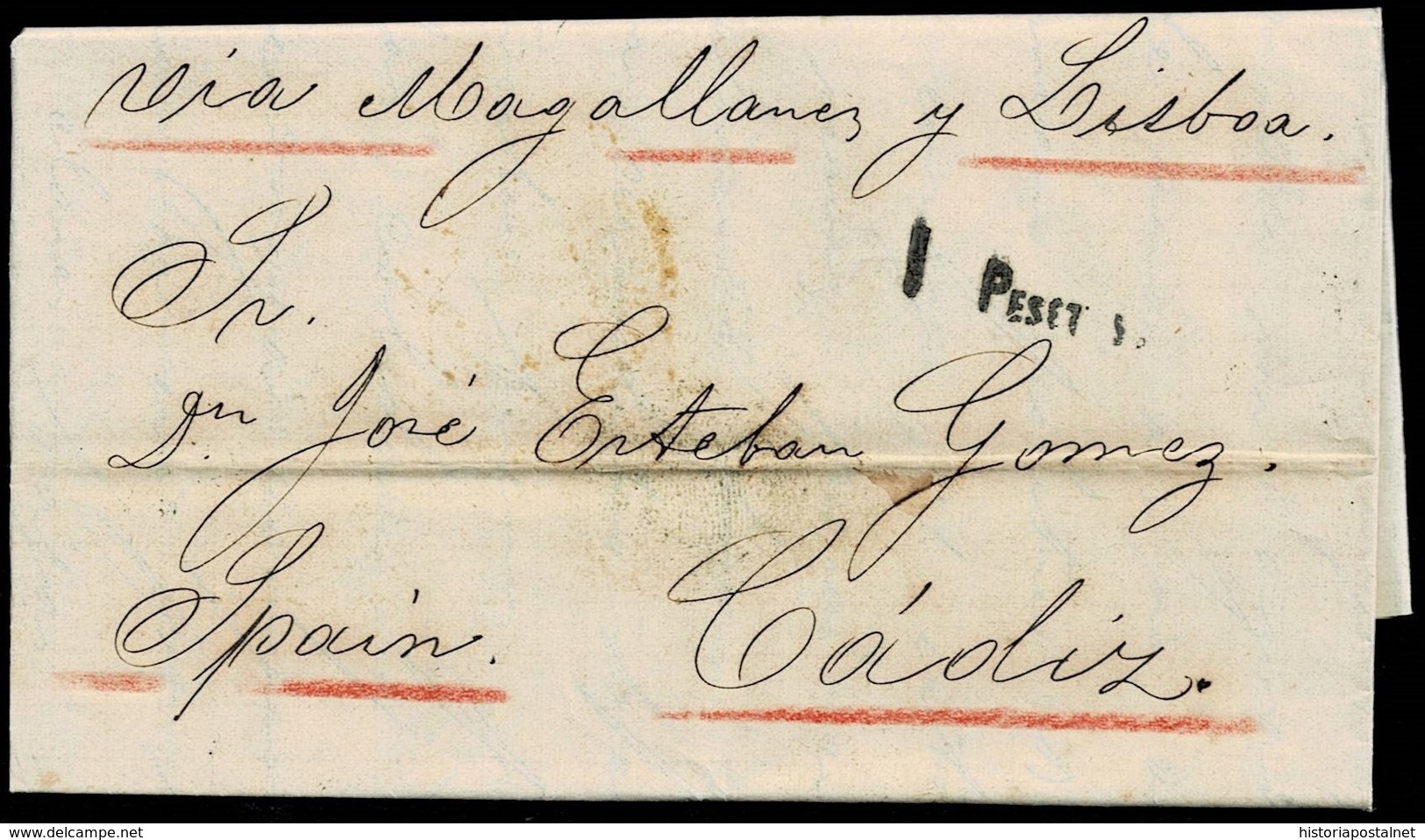 1873. VALPARAISO A CÁDIZ. 1 PESETAS NEGRO. FECHADOR VALPARAISO/UNPAID Y TRÁNSITO VÍA BADAJOZ Y LLEGADA. MUY INTERESANTE. - Chile