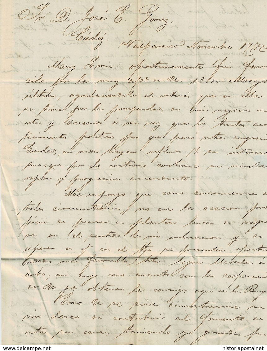 1873. VALPARAISO A CÁDIZ. 1 PESETAS NEGRO. FECHADOR VALPARAISO/UNPAID Y TRÁNSITO VÍA BADAJOZ Y LLEGADA. MUY INTERESANTE. - Chile