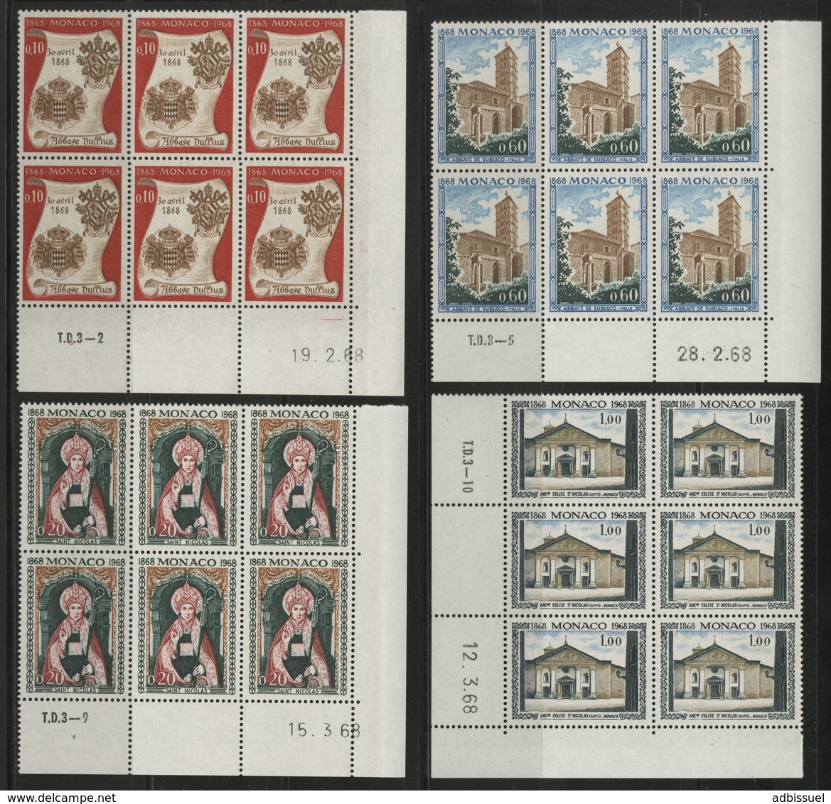 MONACO N° 744 + 745 + 747 + 748 Blocs De 4 Neufs ** (MNH) Coins Datés Du 19 Et 28/2/68 Et Du 12 Et 15/3/68. TB - Unused Stamps