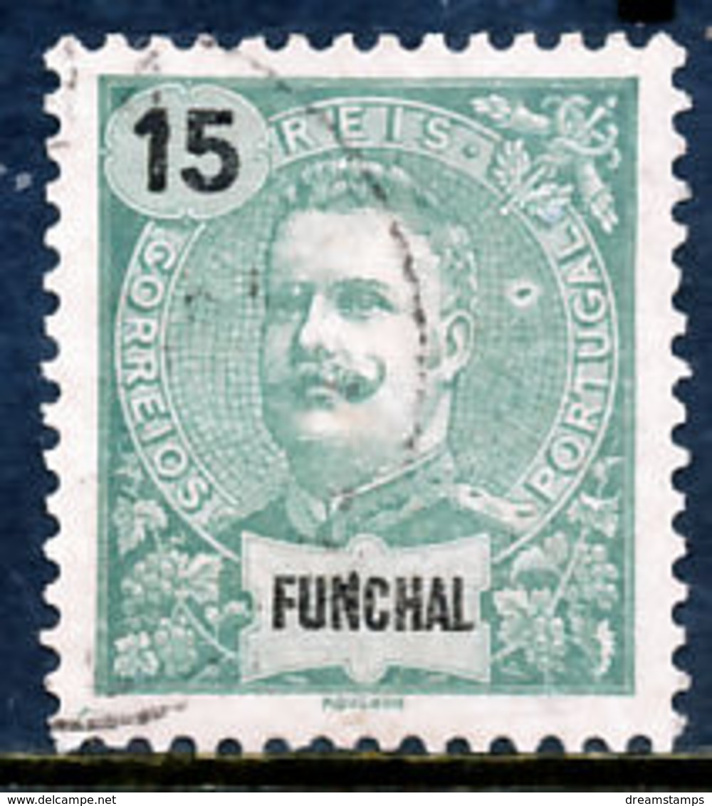 !										■■■■■ds■■ Funchal 1898 AF#27ø King Carlos Mouchon New Colors 15 Réis Green (x7382) - Funchal