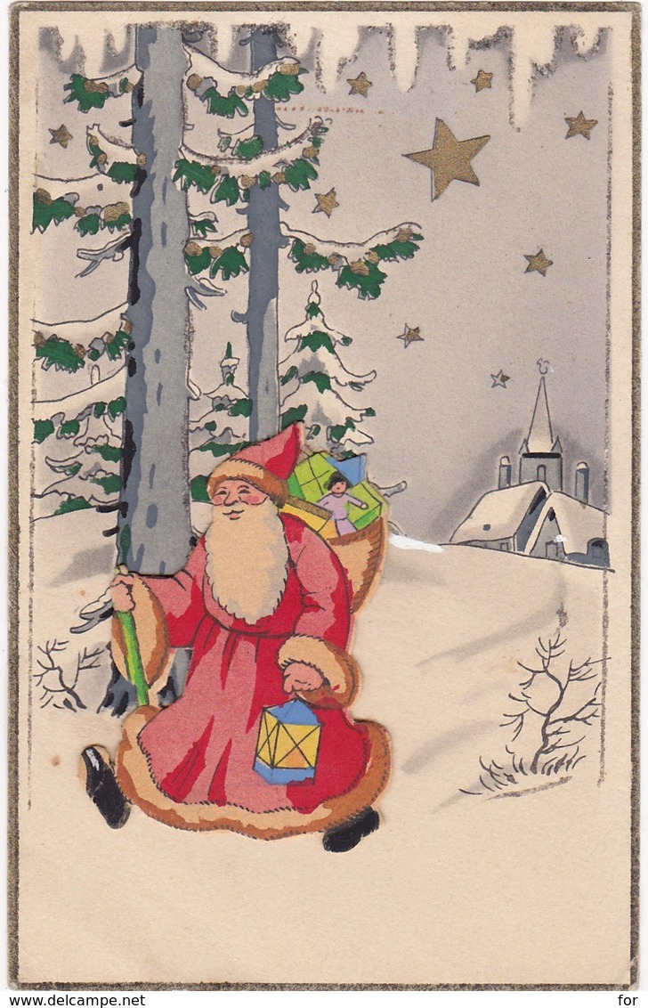 Santa Claus : Pére Noél - Partant Pour La Nuit : Carte à Système - Paillette Et Collage Amovible - ( 3 Scans ) - Santa Claus