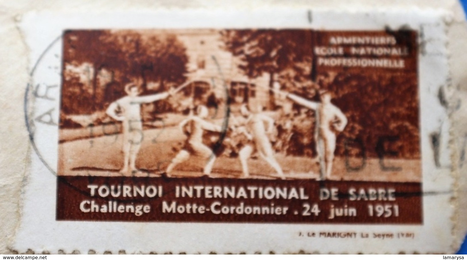 ARMENTIÈRES 1951 TOURNOI INTERNATIONAL DE SABRE CHALLE MAÎTRE CORDONNIER Vignette-Erinnophilie,Timbre,stamp,Bollo-Viñeta - Sport