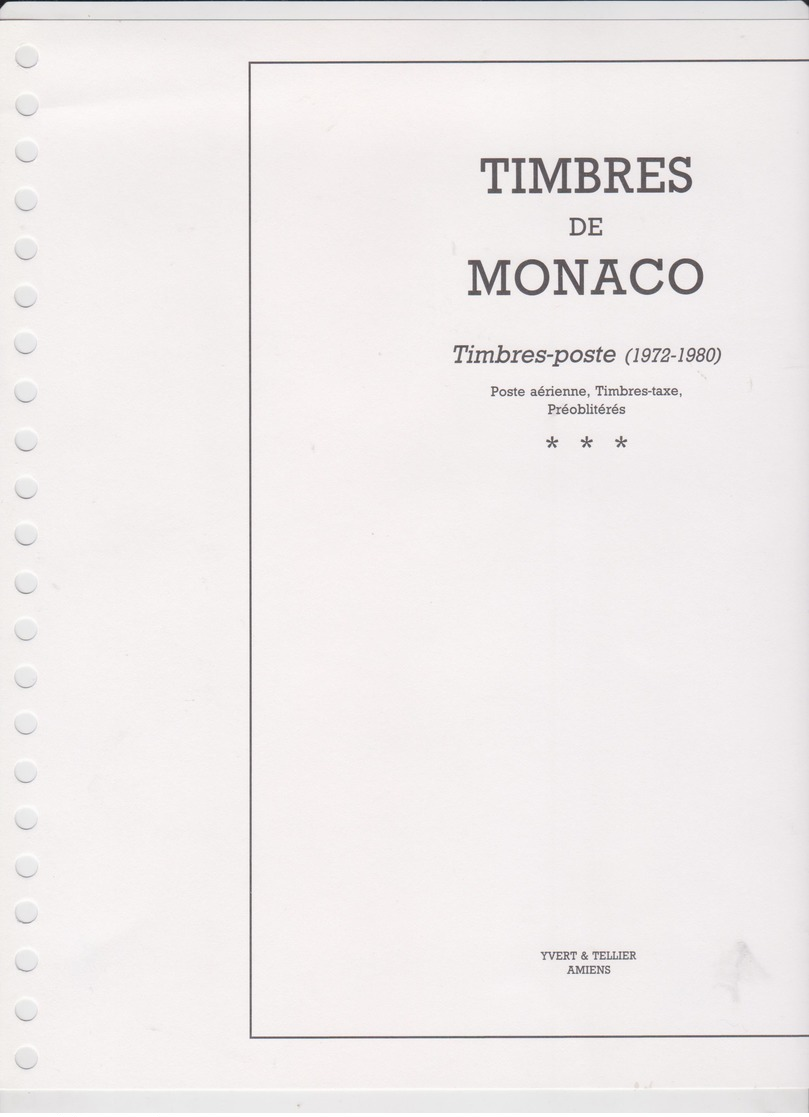 MONACO 58 Feuilles Pré-imprimées Avec Pochettes YVERT Et TELLIER 22 Anneaux Jeux 1972 à 1980 - Pre-printed Pages