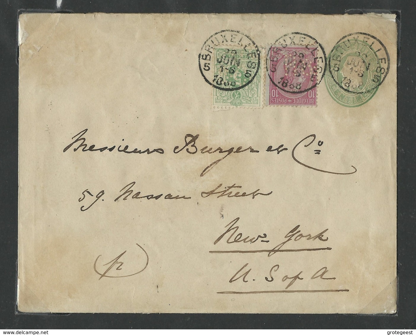 N°45-46 - 5 Et 10 Cent. Em. 1884, Perforés 'R & C. En Affr. Compl. Sur E.P. Env. 10c.(Em. 1869) N°4 Obl. Sc BRUXELLES 5 - Sobres