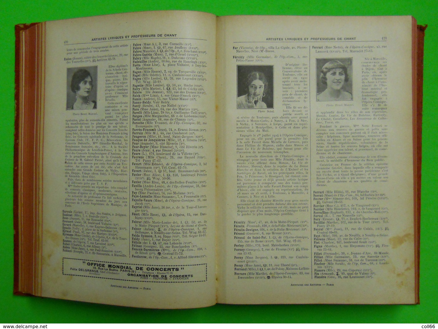 1926 Annuaire des Artistes couverture carton 1477 pages éditeur Office Général de la Musique Paris 2.709 kg 18.5x27cm