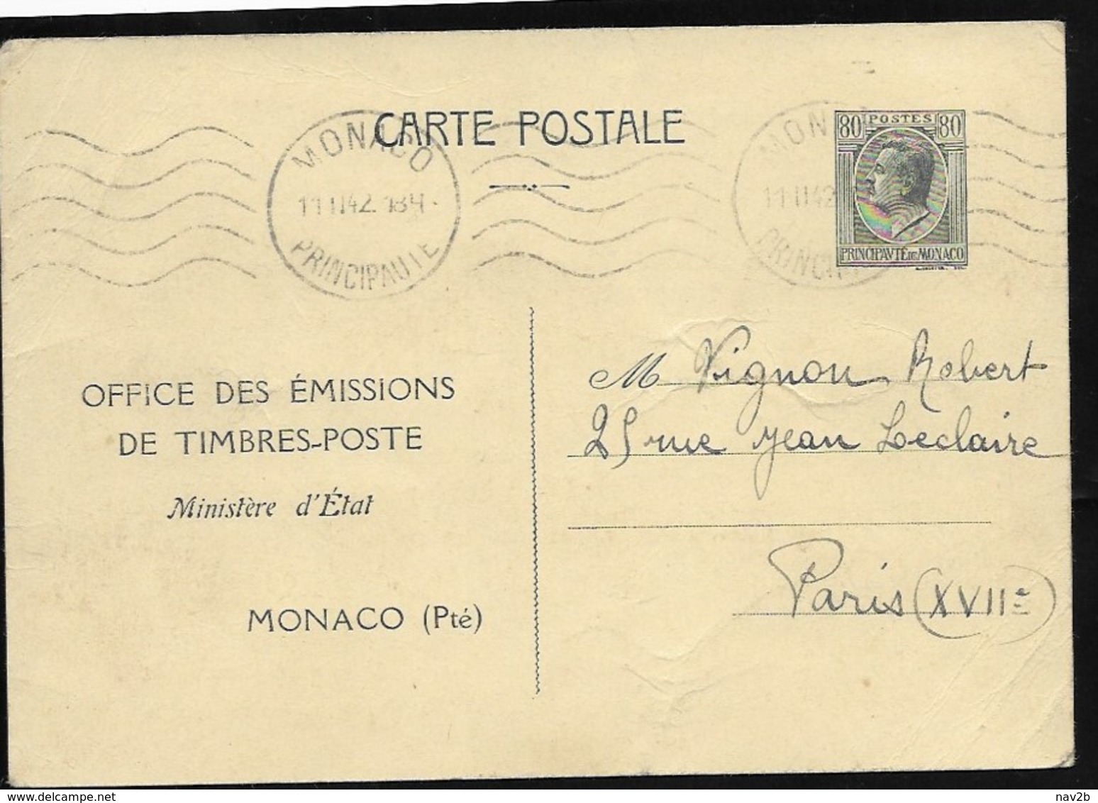 Monaco Carte Postale Louis II . Repiquée Office Des Emissions De Timbres. 0blitérée 1942. - Postal Stationery