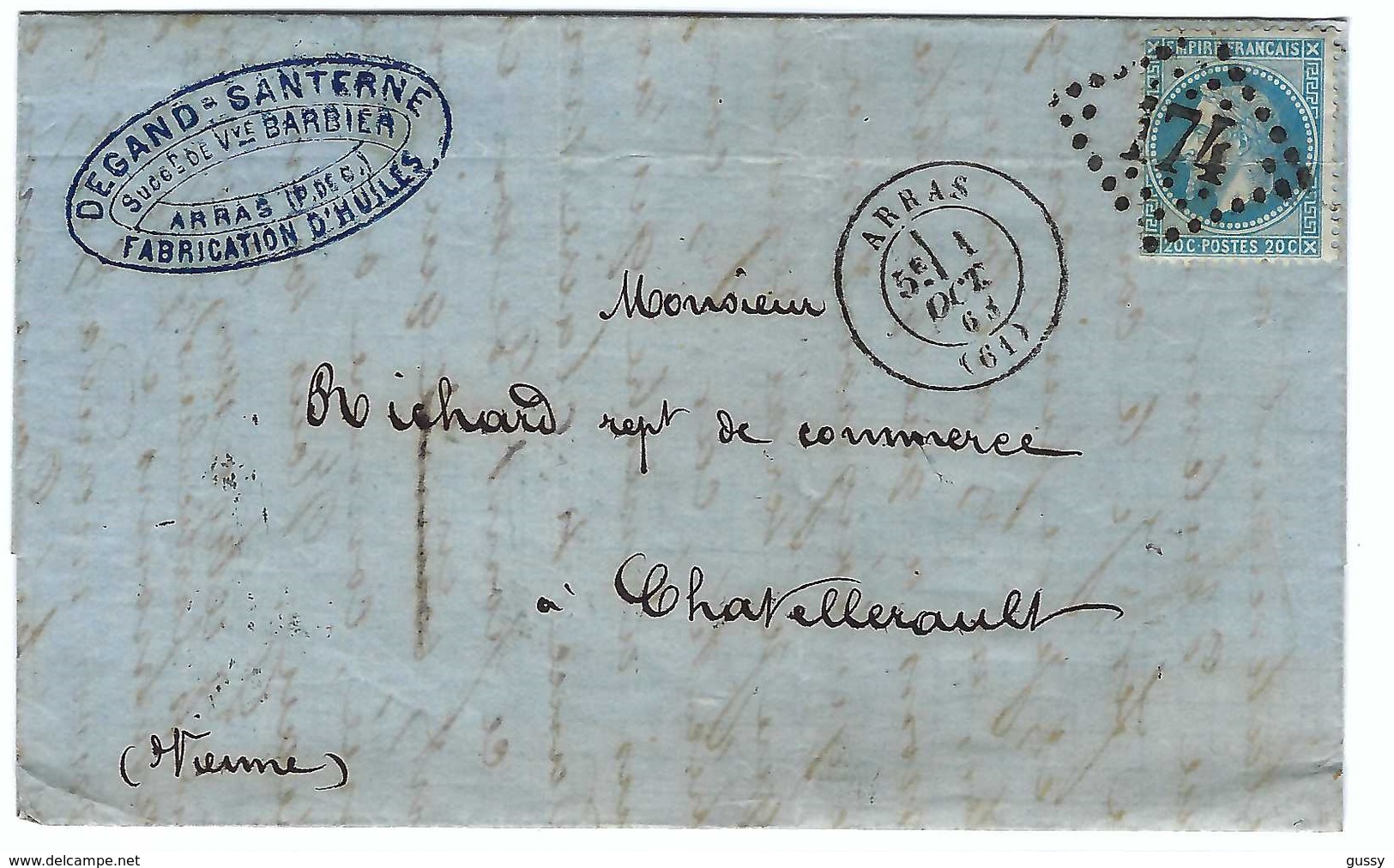 FRANCE 1867: LAC Du 1.X.68 D'Arras Pour Chatellerault (Vienne) Avec Le Y&T 29A Obl. GC174 (Ind.1) - 1871-1875 Ceres