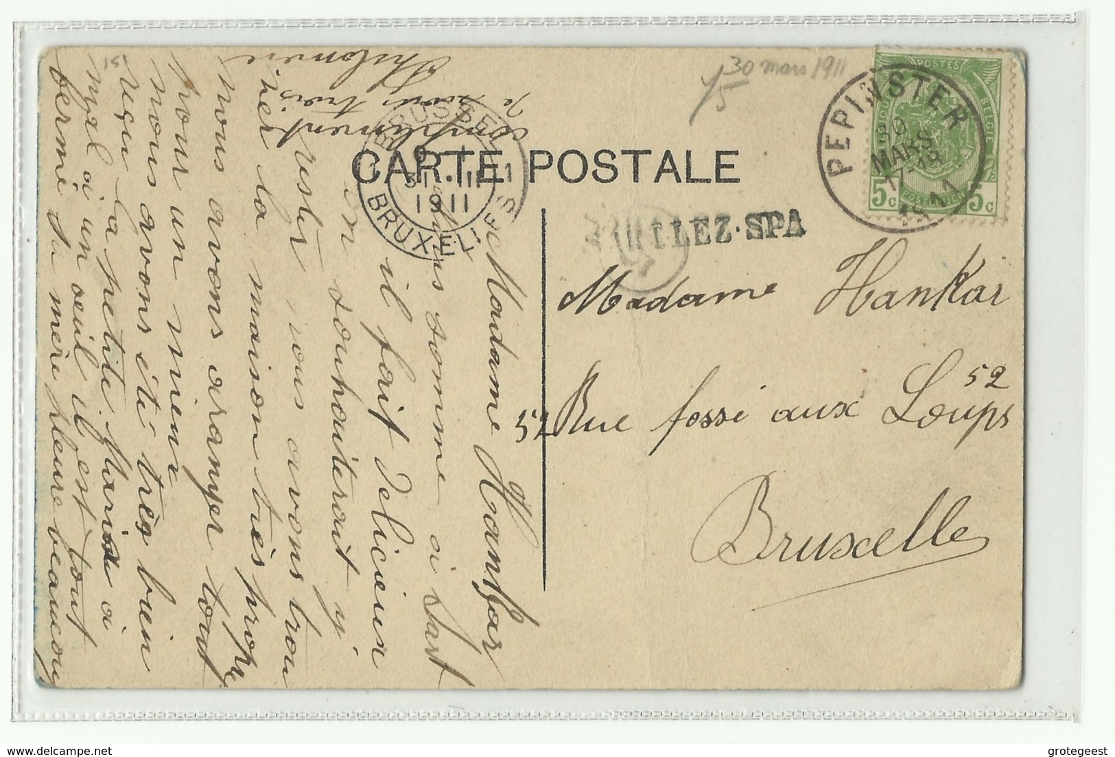 N°83 - 5 Cent. Armoirie, Obl. Sc PEPINSTER Sur CP  Du 30 Mars 1911 + Griffe SART-LEZ-SPA Vers Bruxelles - W0660 - Langstempel