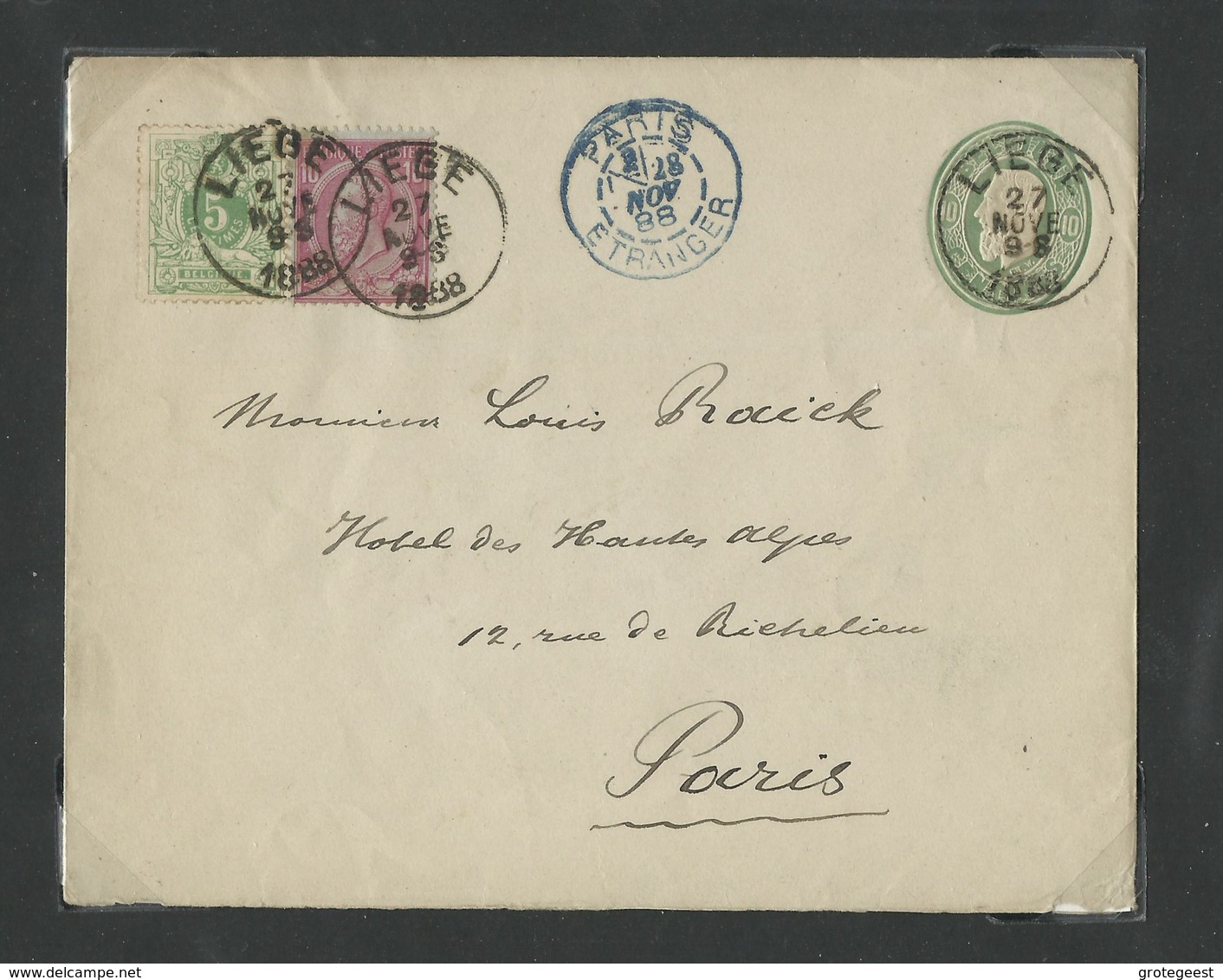 N°45/46 En Affr. Compl. Sur E.P. Env. N°4 Obl. Sc LIEGE 27 Nov. 1888 Vers Paris .- W0663 - Briefe