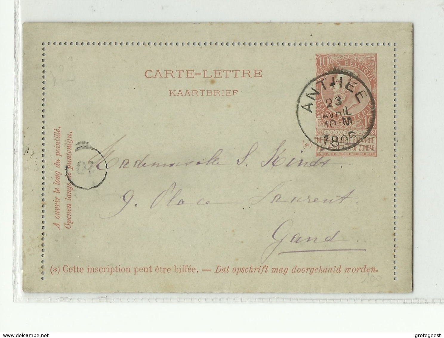 E.P. Carte-lettre Fine Barbe 10c. Obl. Sc ANTHEE 23 Avril 1896 Vers Gand .- W0666 - Kartenbriefe