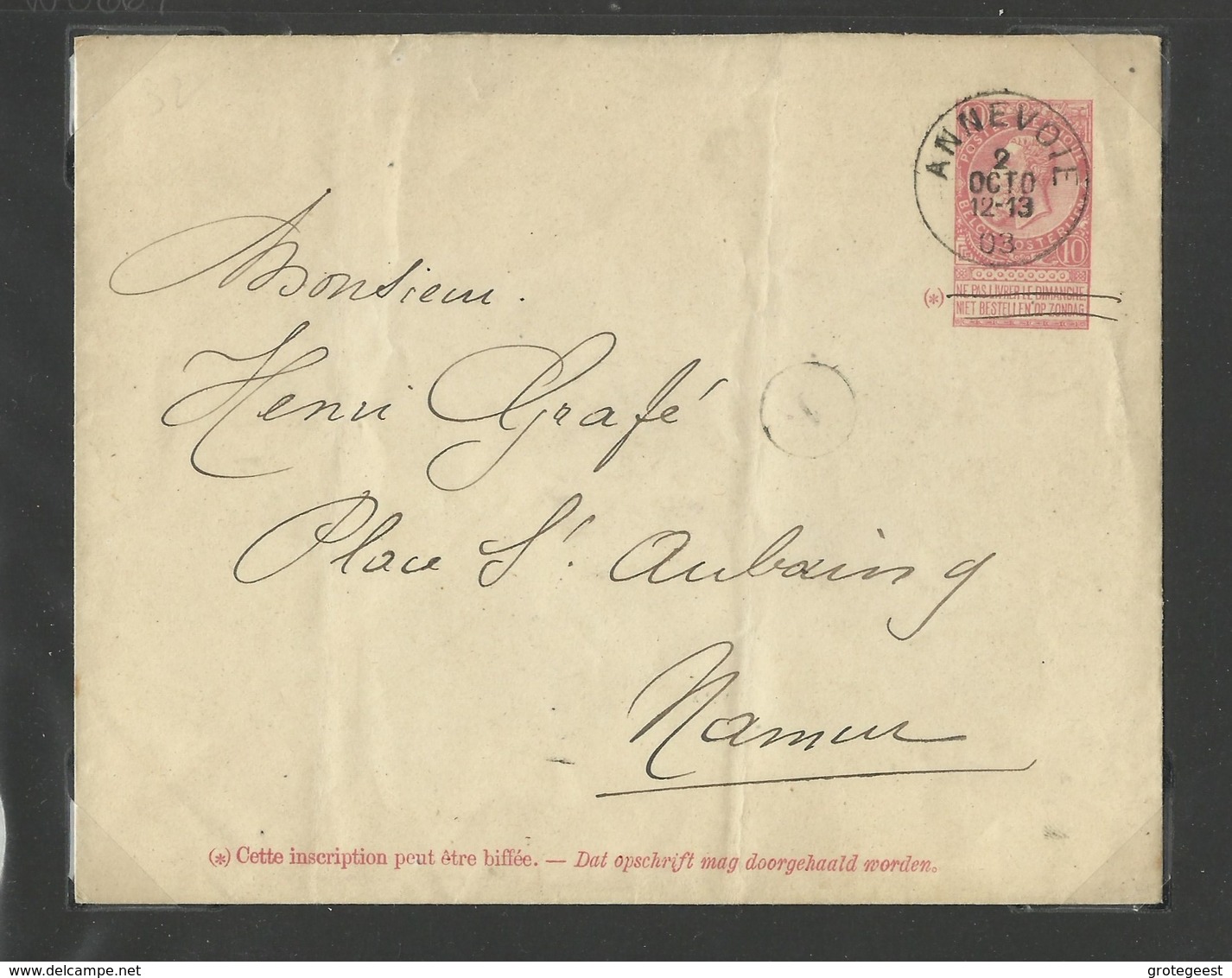 E.P. Enveloppe-lettre Fine Barbe 10c. Obl. Sc ANNEVOIE 2 Octobre 1903 Vers Namur.- W0667 - Omslagen