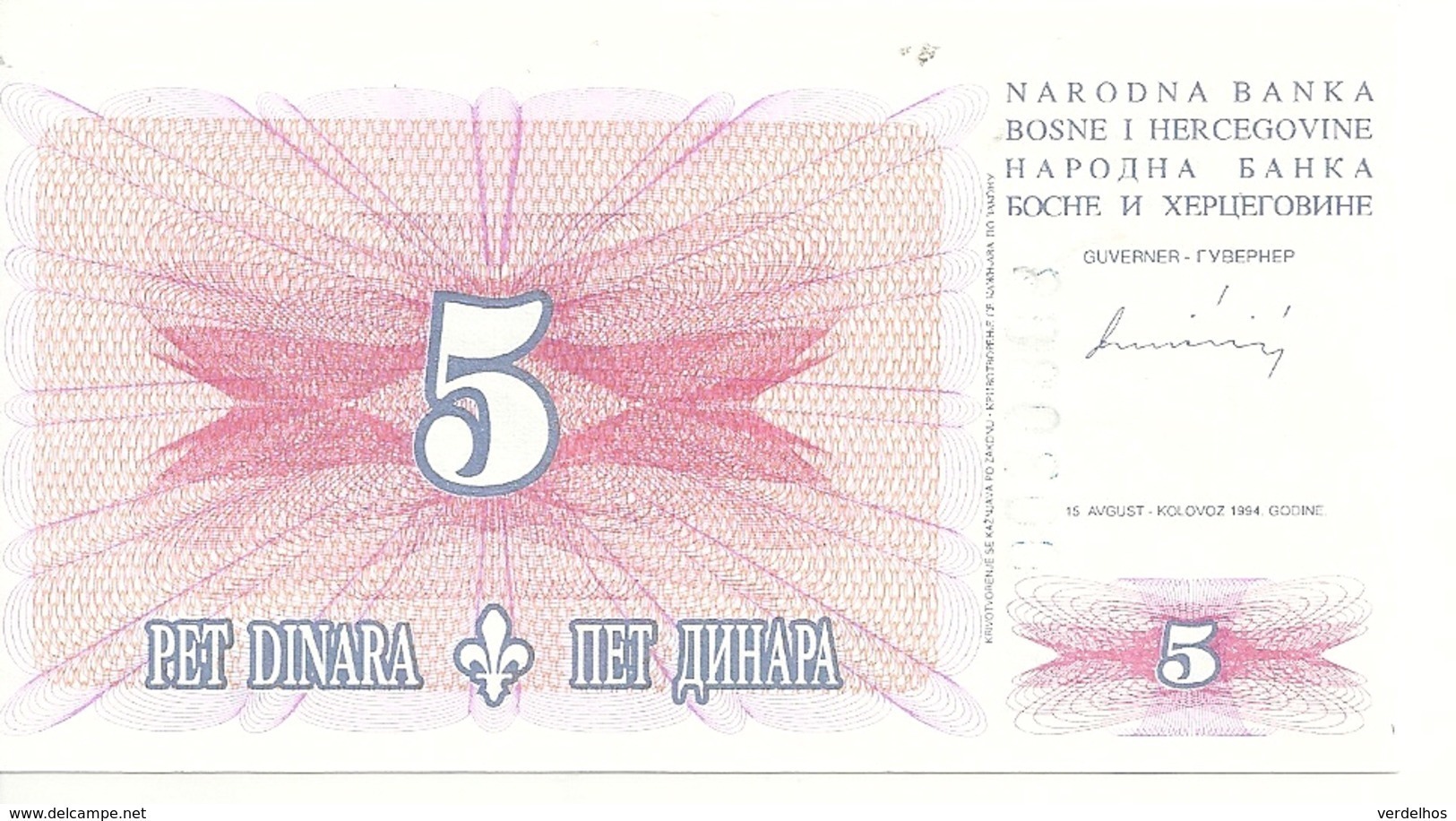 BOSNIE HERZEGOVINE 5 DINARA 1994 UNC P 40 - Bosnie-Herzegovine