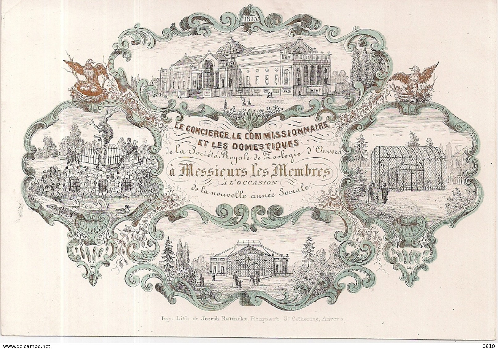 ANTWERPEN-ANVERS " NIEUWJAARSWENSEN 1855 VAN DE SOC.ROYALE DE ZOOLOGIE3 LTH.RATINCKX-157/109MM - Cartes Porcelaine