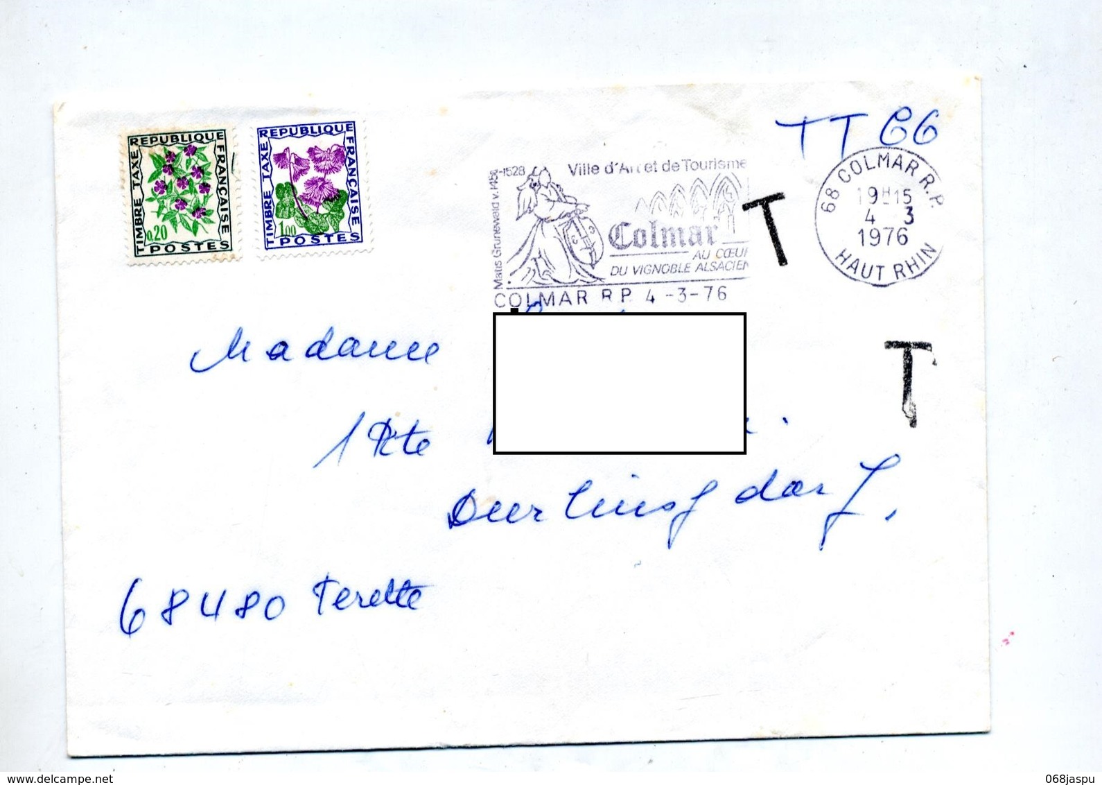 Lettre Flamme Colmar Vignoble Taxee Fleur - 1859-1959 Lettres & Documents