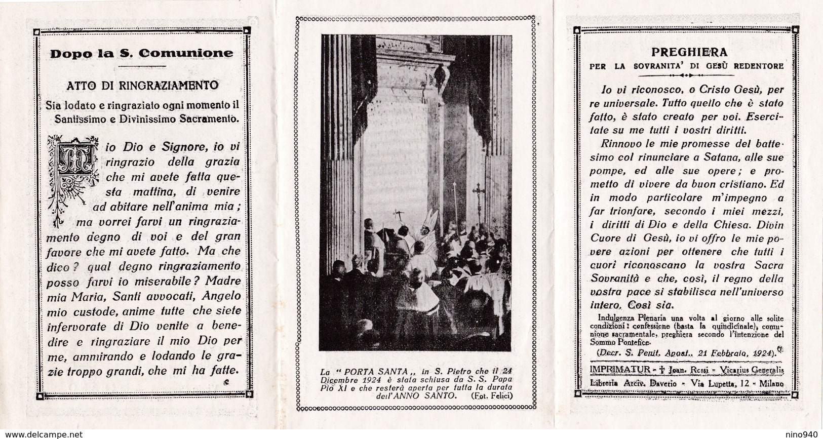 COMUNIONE PASQUALE1925 - MILANO - CHIESA DEL SACRO CUORE DEI MINORI CAPPUCCINI  -  A - Mm. 80 X 120 - ANNO SANTO 1925 - Religion & Esotérisme