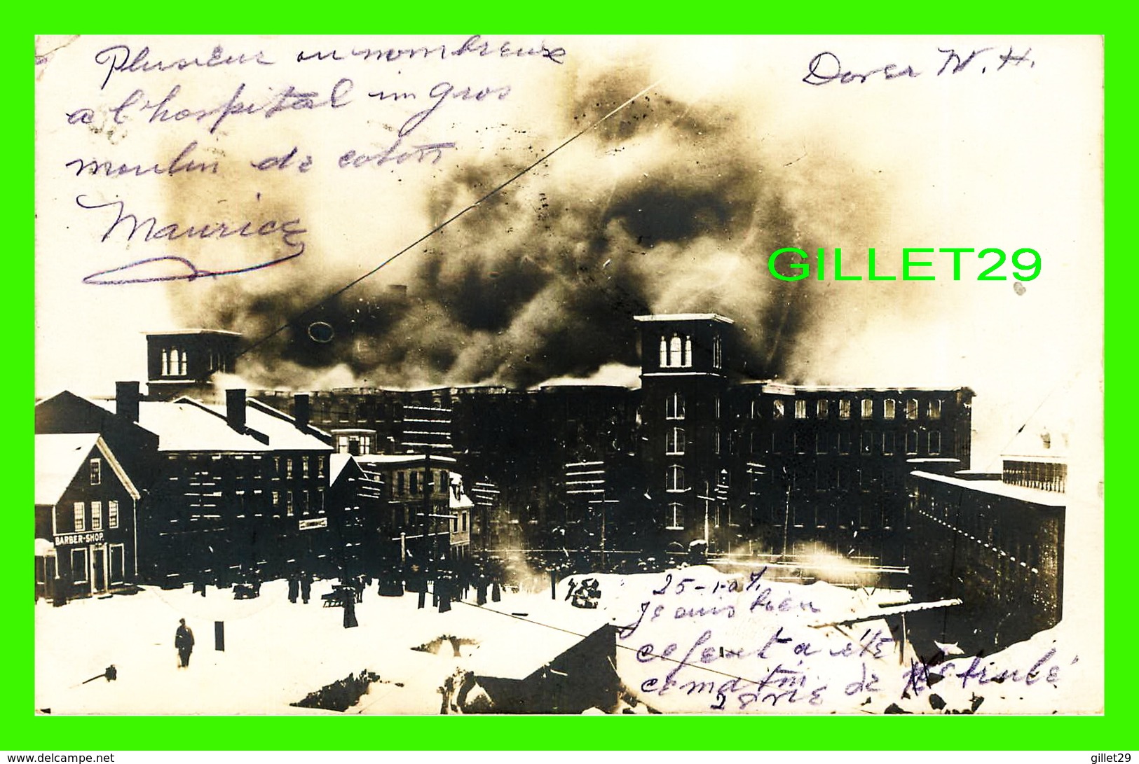 DOVER, NH - FEU AU MOULIN DE COTON - TRAVEL IN 1907 - UNDIVIDED BACK - - Dover