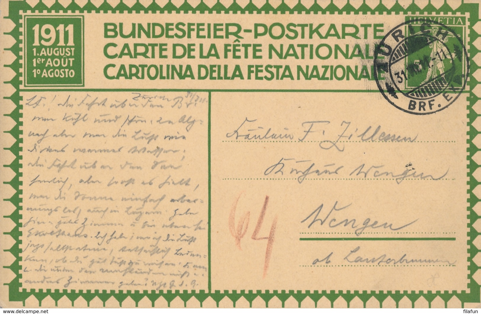 Helvetia / Schweiz - 1911 - 5 (+15) Cts Bundesfeier Postkarte - Burgunderkrieg Dunki - From Zürich To Wengen - Ganzsachen