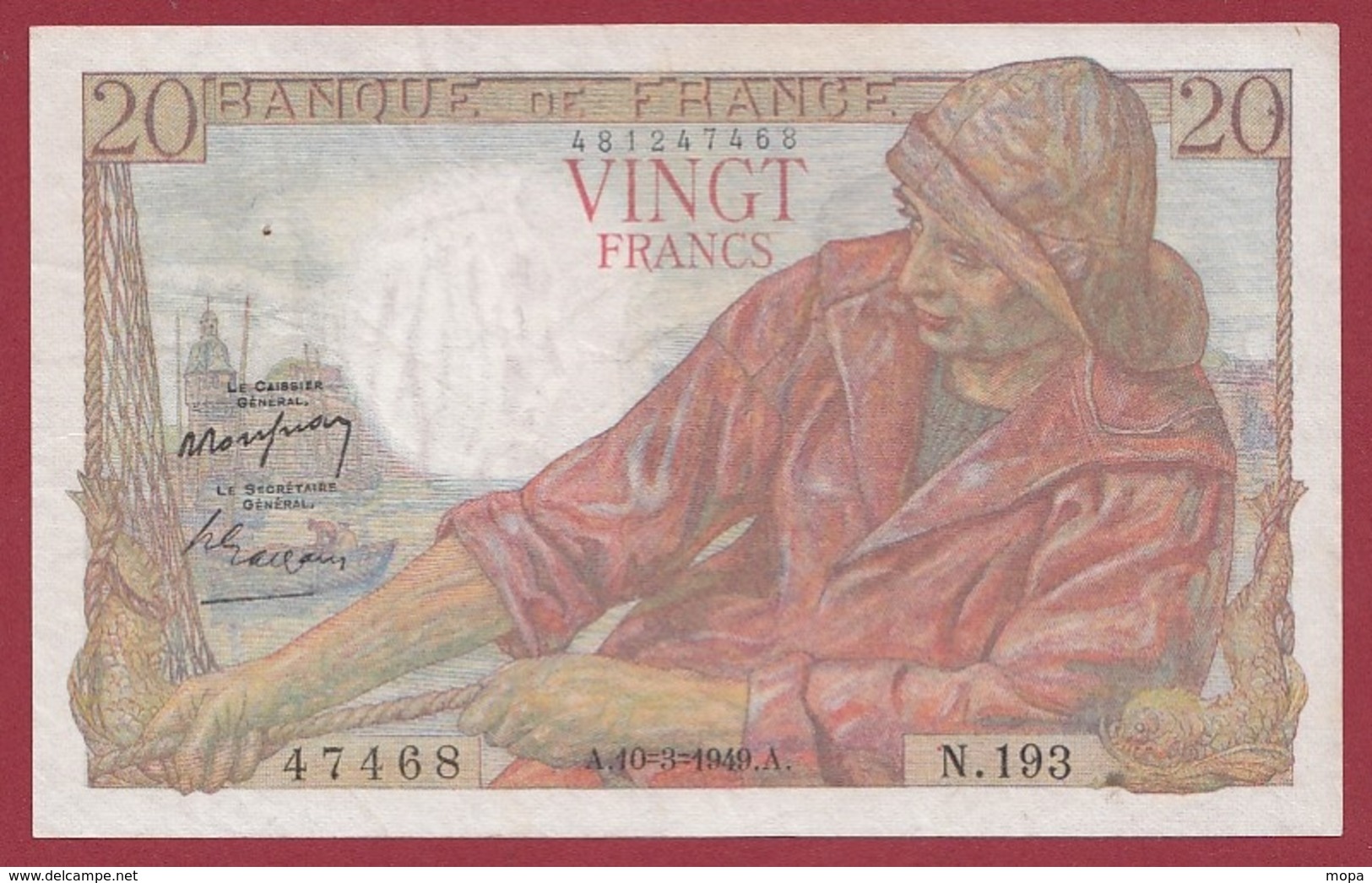 20 Francs "Pêcheur" Du 10/03/1949.A---TTB+---ALPH .N.193----.1 TROU D EPINGLE - 20 F 1942-1950 ''Pêcheur''