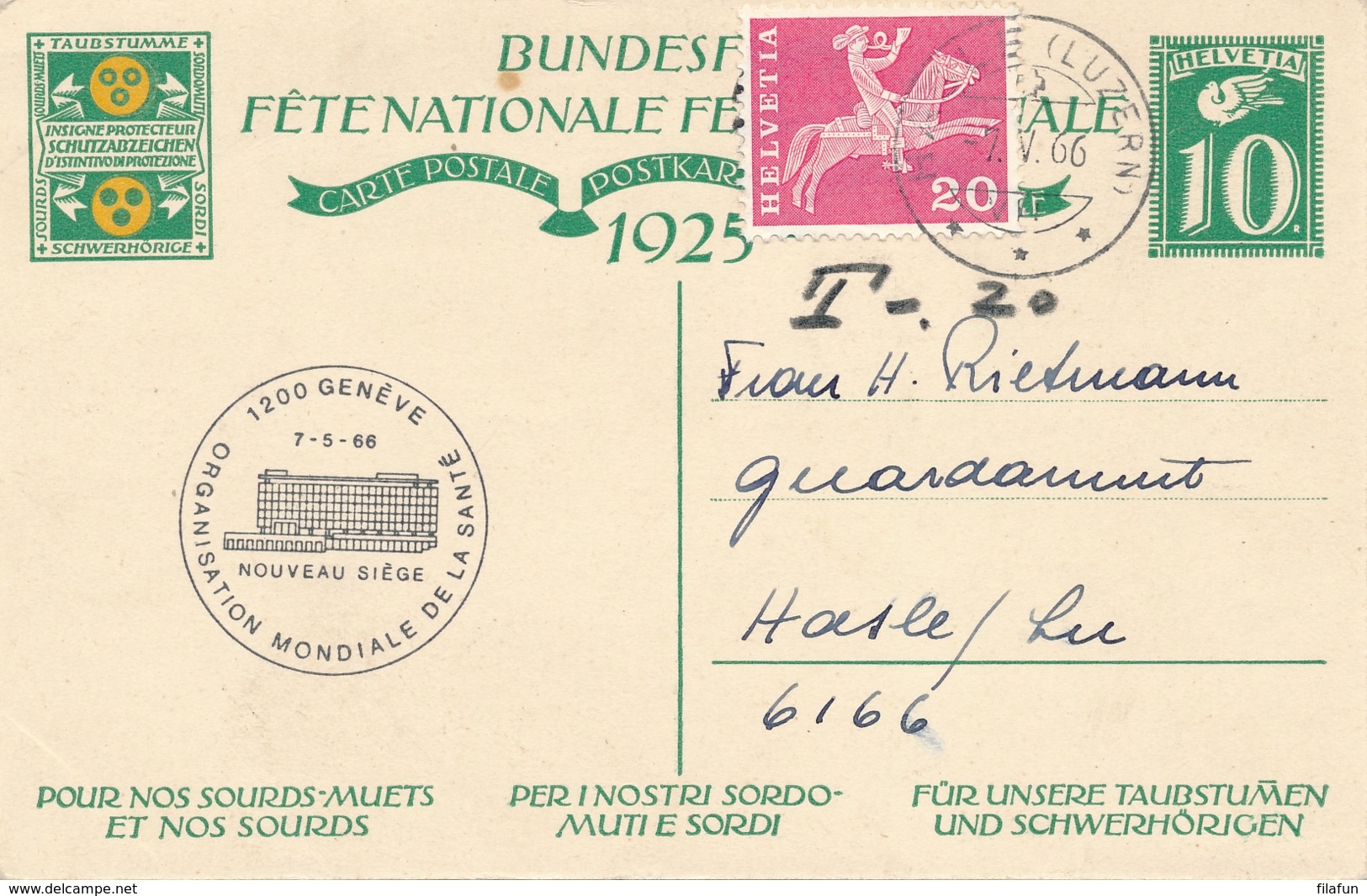 Helvetia / Schweiz - 1925 - 10 (+20) Cts Bundesfeier Postkarte + 20c - Children - From Luzern To Luxembourg - Late Use - Ganzsachen