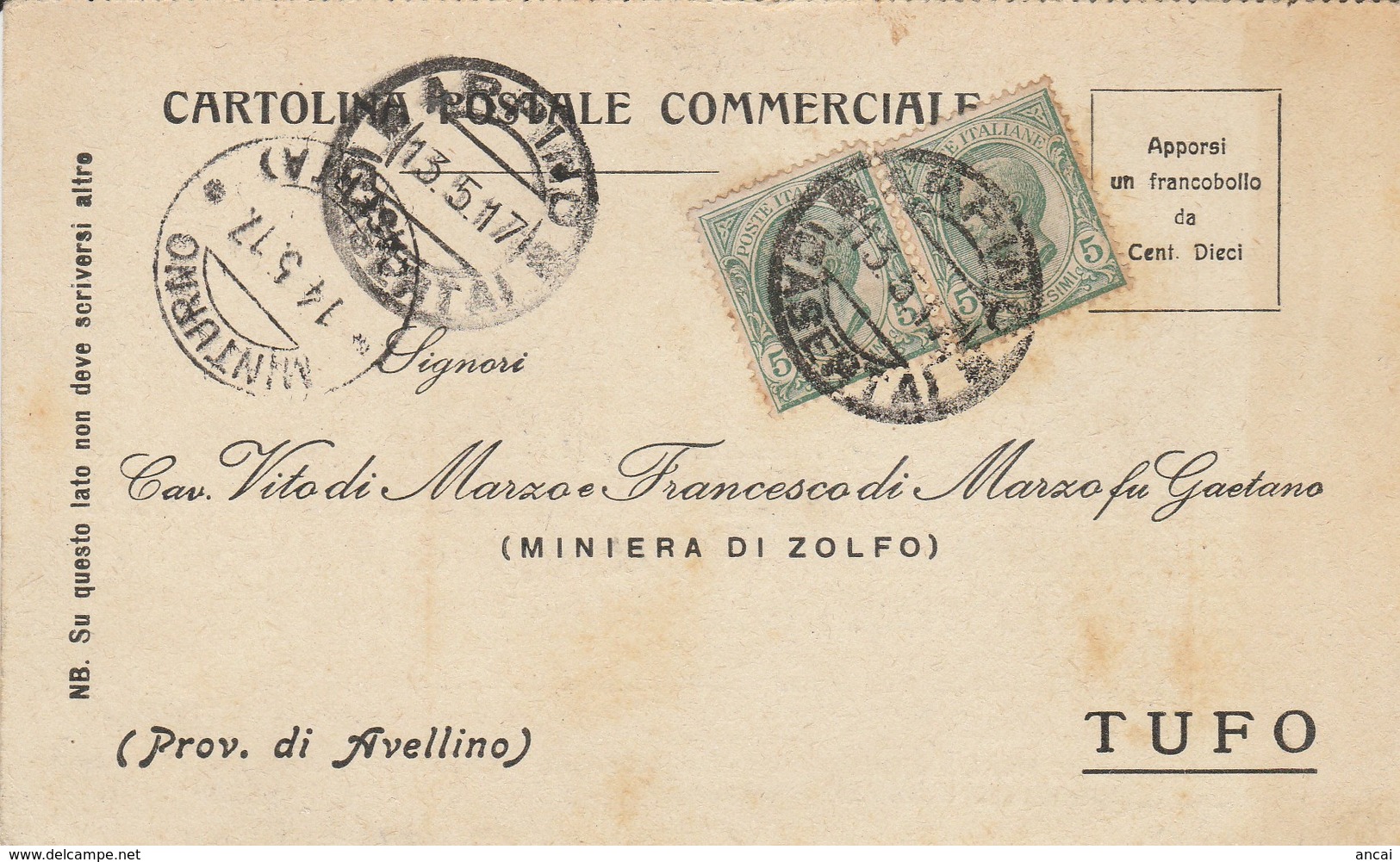 Arpino. 1917. Annullo Guller ARPINO (CASERTA), Su Cartolina Postale Commerciale - Marcofilía