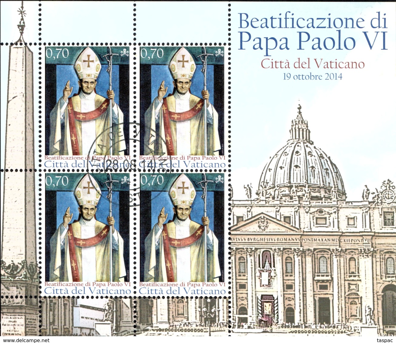 Vatican 2014 Mi# 1814 Kleinbogen Used - Sheet Of 4 (2 X 2) - Beatification Of Pope Paul VI - Usados