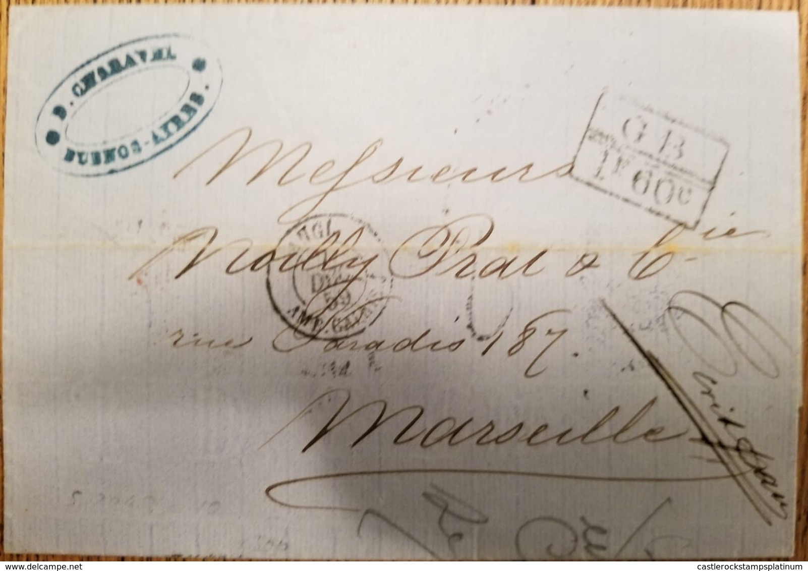 O) 1859 ARGENTINA - BUENOS AYRES, PREPHILATELY G. B.  - MARITIME MAIL - CALAIS, RATE MANUSCRIPT, TO MARSEILLE, XF - Briefe U. Dokumente