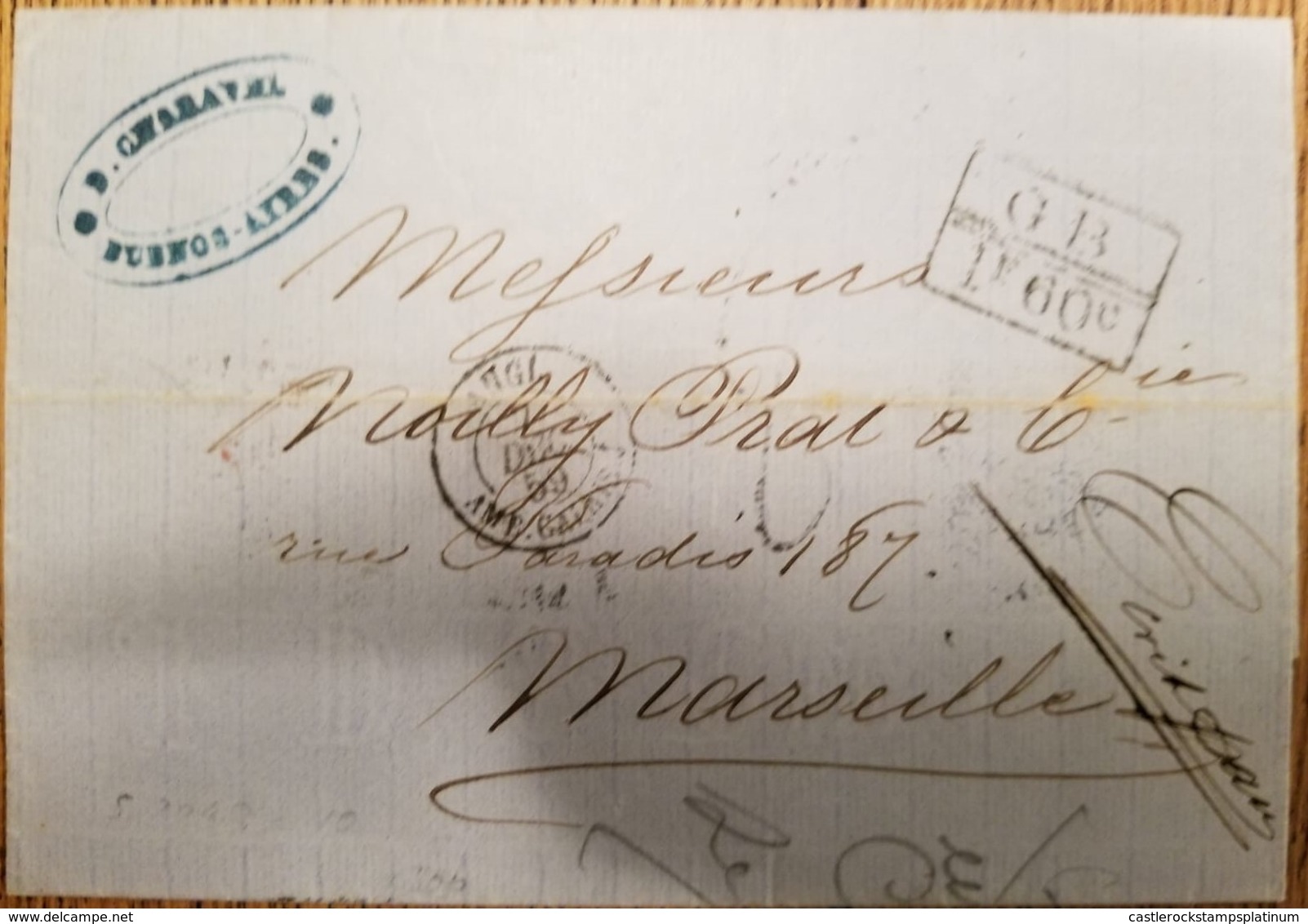O) 1859 ARGENTINA - BUENOS AYRES, PREPHILATELY G. B.  - MARITIME MAIL - CALAIS, RATE MANUSCRIPT, TO MARSEILLE, XF - Storia Postale
