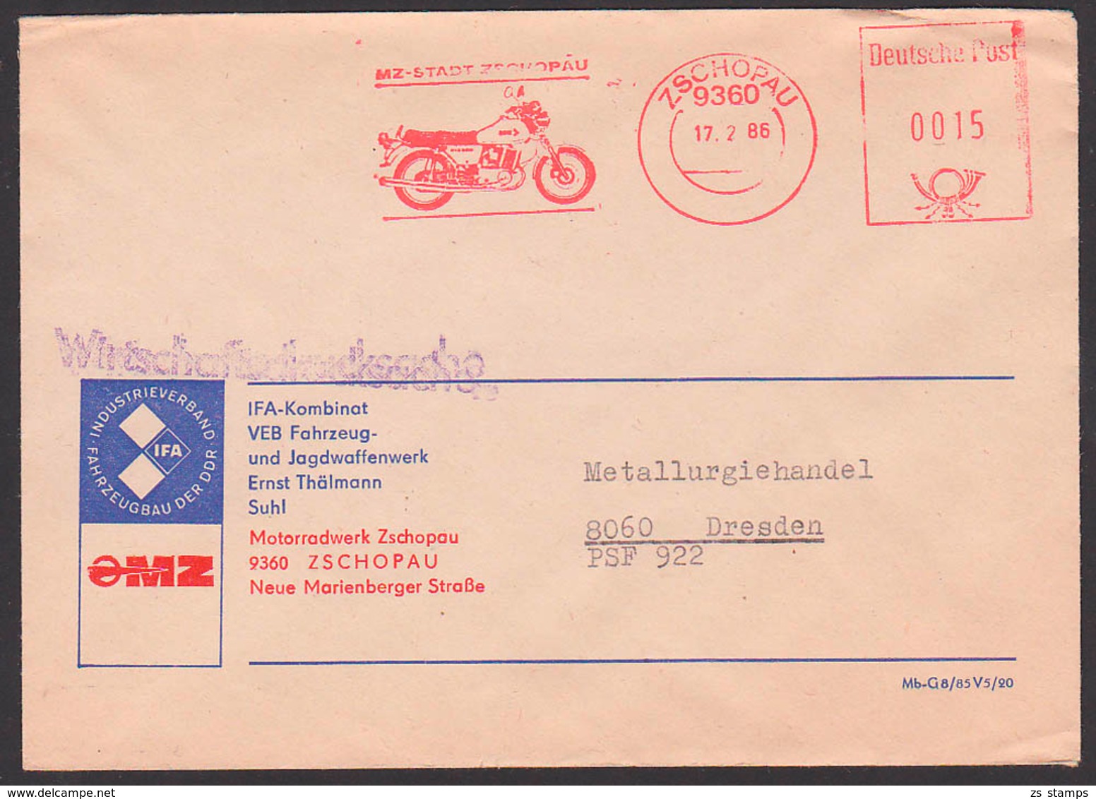 Zschopau Motorradwerk AFS IFA MZ-Stadt Wirtschafts-Drucksache 17.2.86 - Maschinenstempel (EMA)