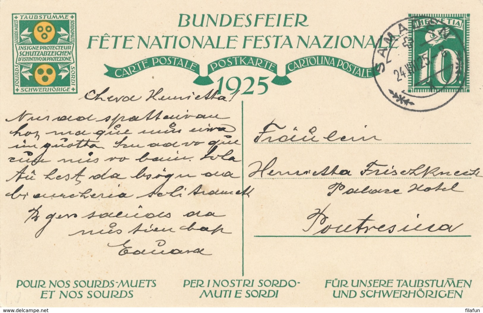 Helvetia / Schweiz - 1925 - 10 (+20) Cts Bundesfeier Postkarte - Boy - From Samaden To Poutresina - Ganzsachen