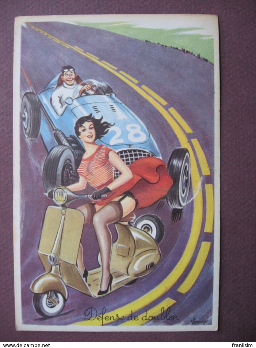 CPA ILLUSTRATEUR Louis CARRIERE : HUMOUR DESSIN FEMME PIN UPS UP SPORT AUTOMOBILE VOITURE SCOOTER Defense De..JARRETELLE - Carrière, Louis