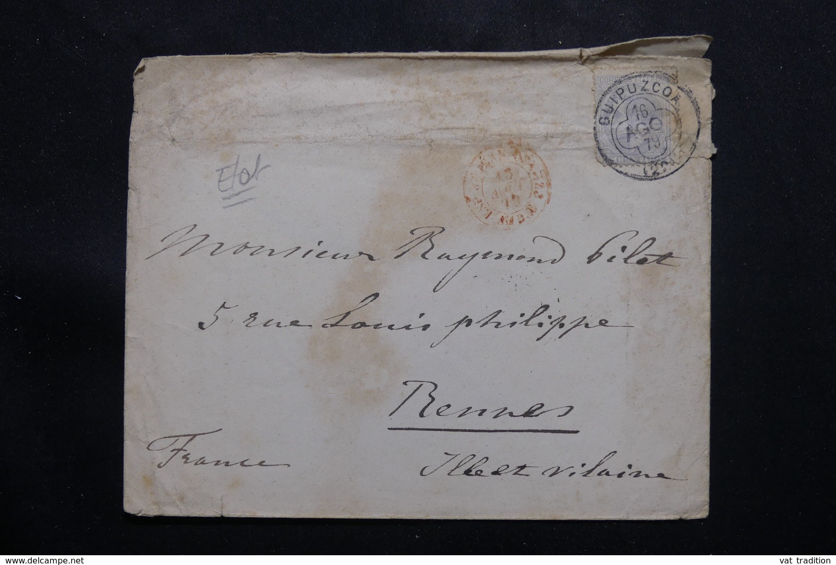 ESPAGNE - Enveloppe Avec Belle Oblitération De Guipuzcoa Pour La France En 1879 - L 54789 - Briefe U. Dokumente