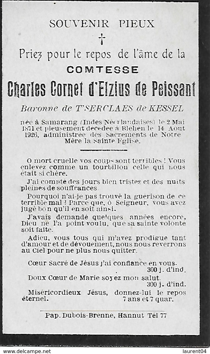 HANNUT  BLEHEN CONTESSE CHARLES CORNET D'ELZIEUS De PEISSANT 14 AOUT 1926 - Hannut