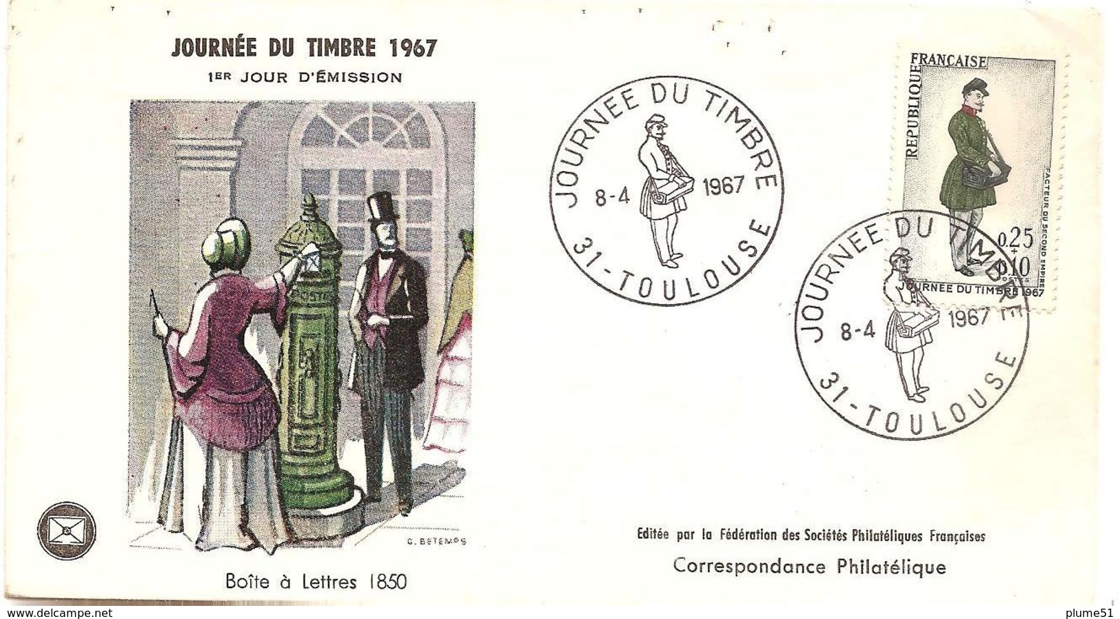 France 31 TOULOUSE Enveloppe 1er Jour FDC 1967 Journée Du Timbre Boîte Aux Lettres 1850 - 006 - 1960-1969