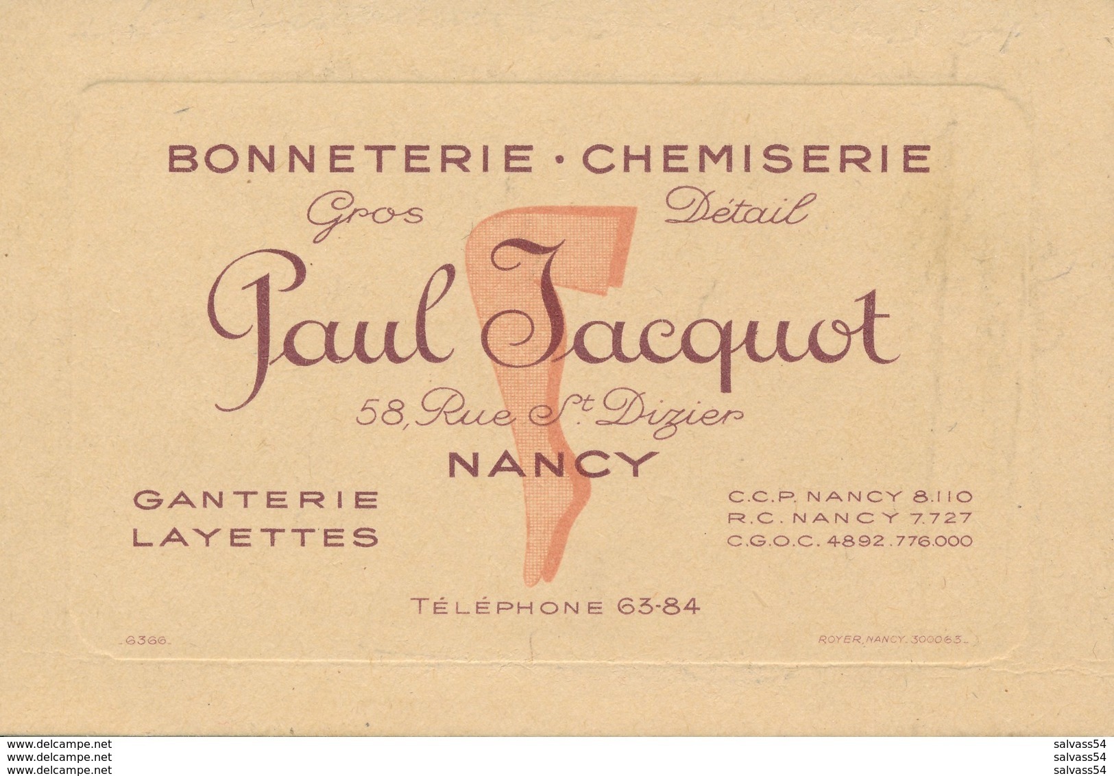 54) NANCY : Carte De Visite - Bonneterie - Chemiserie - Paul Jacquot - 58, Rue St-Dizier - Nancy