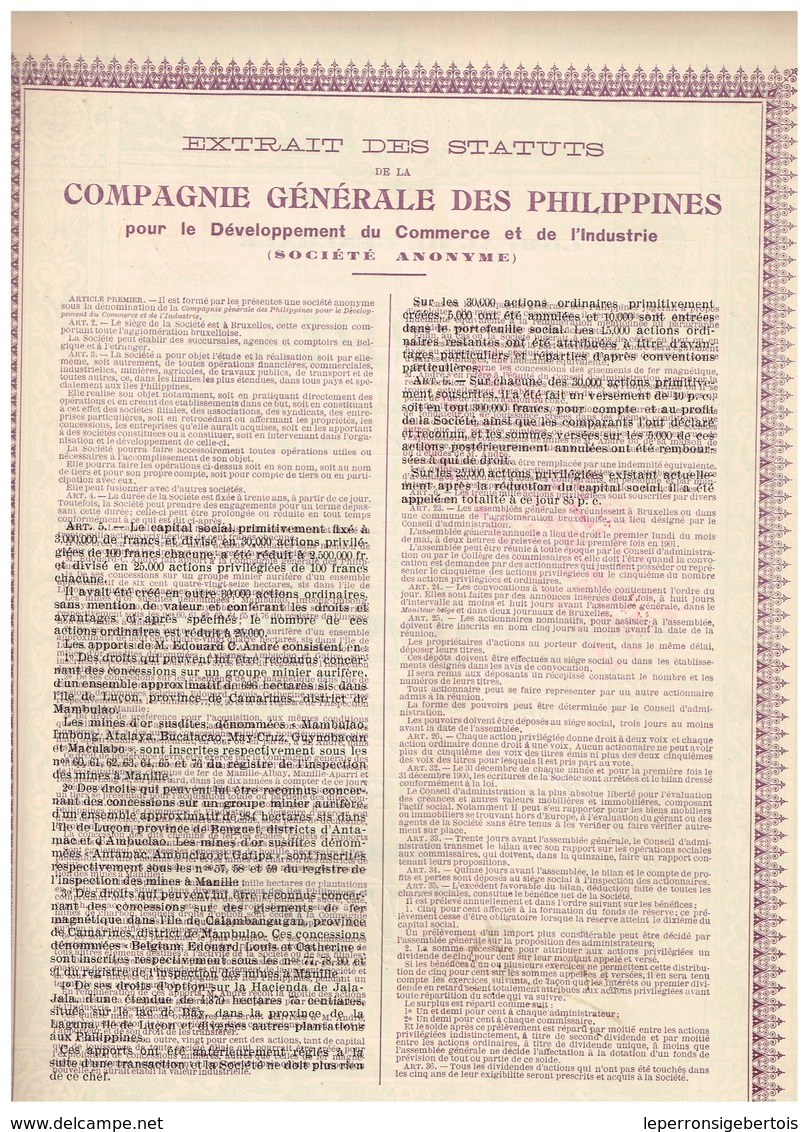 Titre Ancien - Compagnie Générale Des Philippines Pour Le Développement Du Commerce Et De L'industrie  - Titre De 1899 - Industrie