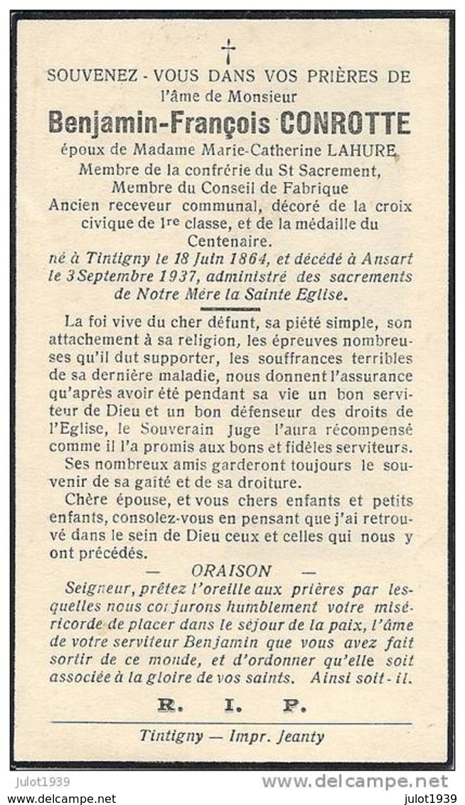 ANSART ..-- Mr Benjamin CONROTTE , époux De Mme Marie LAHURE , Né En 1864 à TINTIGNY , Décédé En 1937 . - Tintigny