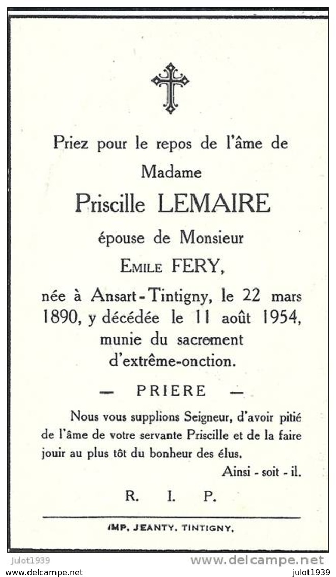 ANSART ..-- Mme Priscille LEMAIRE , épouse De Mr Emile FERY , Née En 1890 , Décédée En 1954 . - Tintigny