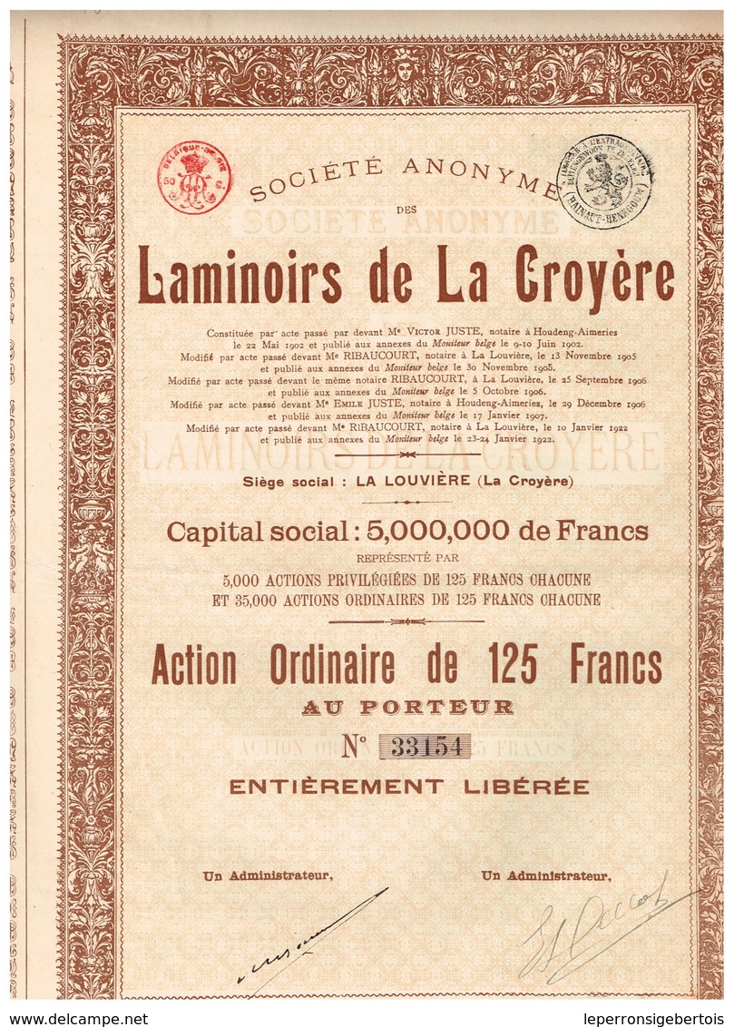 Titre Ancien - Société Anonyme Des Laminoirs De La Croyère - Titre De 1922 - Industrie