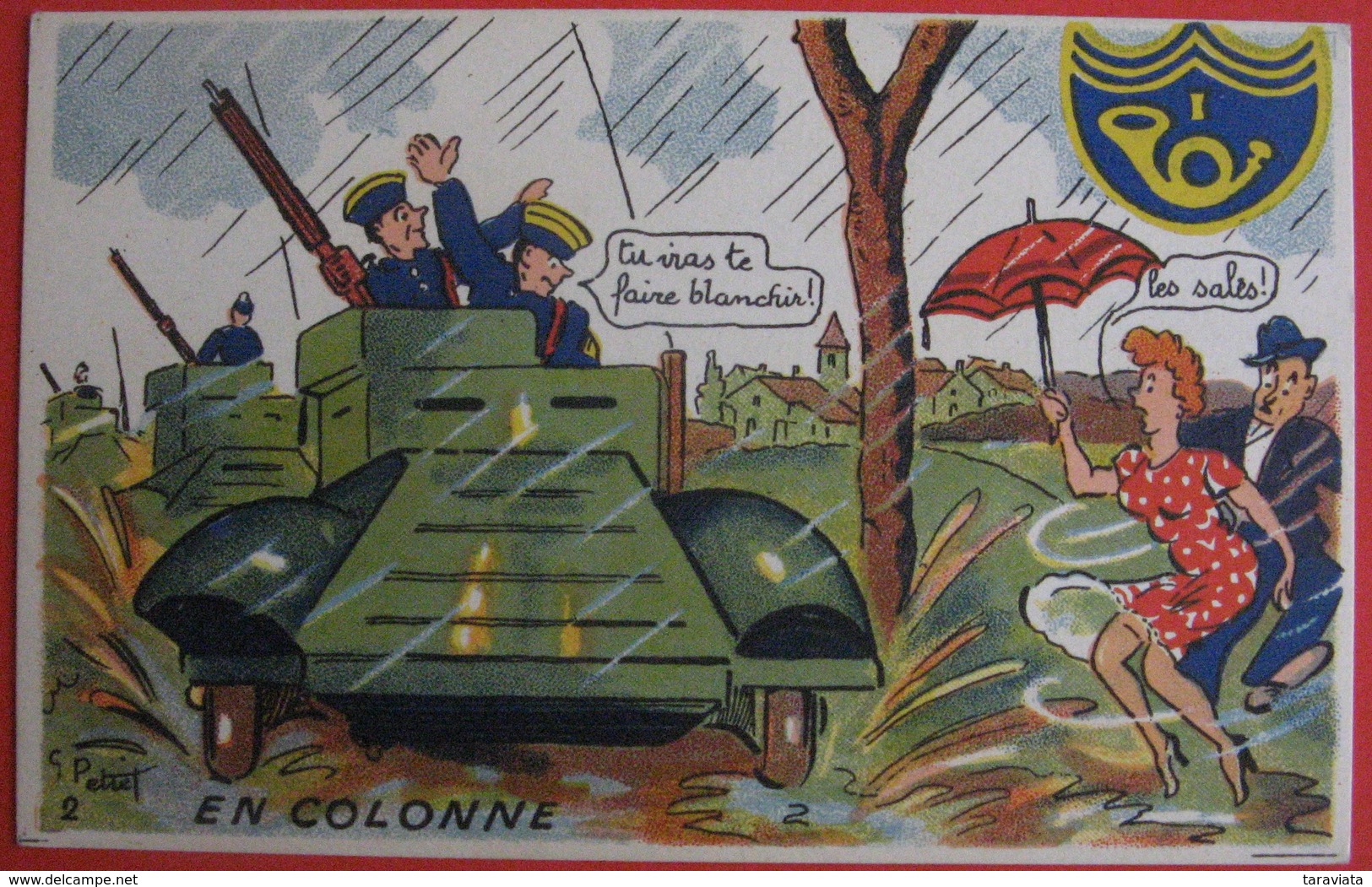 Illustrateur PETIET - Humour Militaria - EN COLONNE - Humoristiques