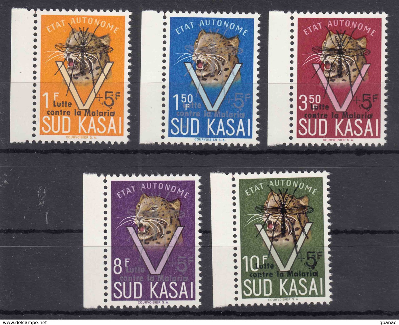 South Kasai COB#20-24 Leopard Mosquito Anti Malaria Ovpt, Mint Never Hinged - Sud Kasai