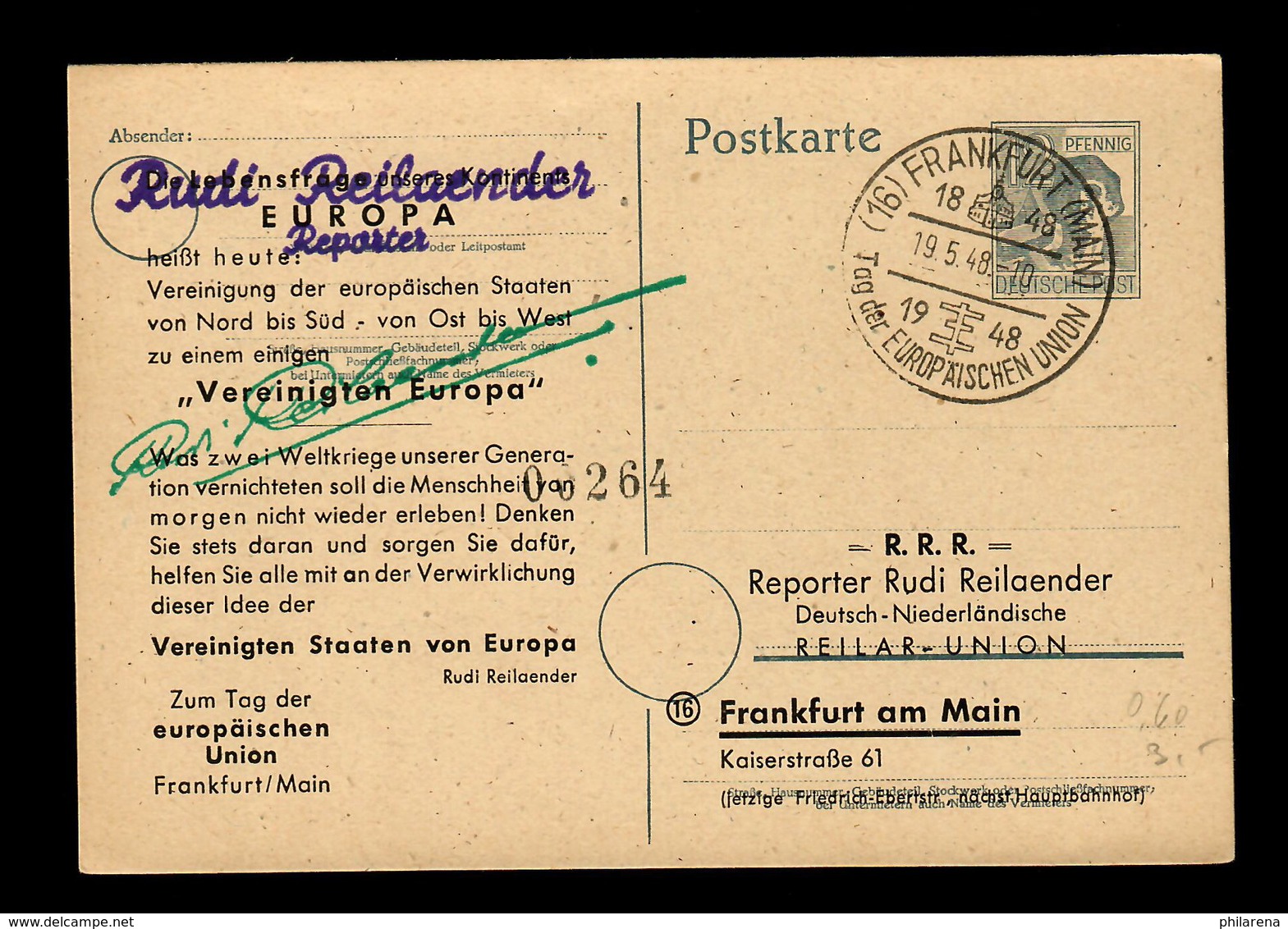 Ganzsache Frankfurt Tag Der Europäischen Union, 1948, Werbekarte Für EU - Autres & Non Classés