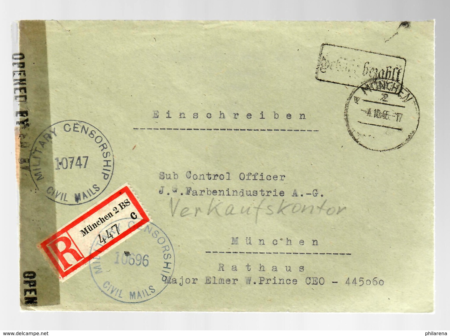 Gebühr Bezahlt Für Einschreiben München 1945, Zensur, An IG Farben, Control Off. - Sonstige & Ohne Zuordnung